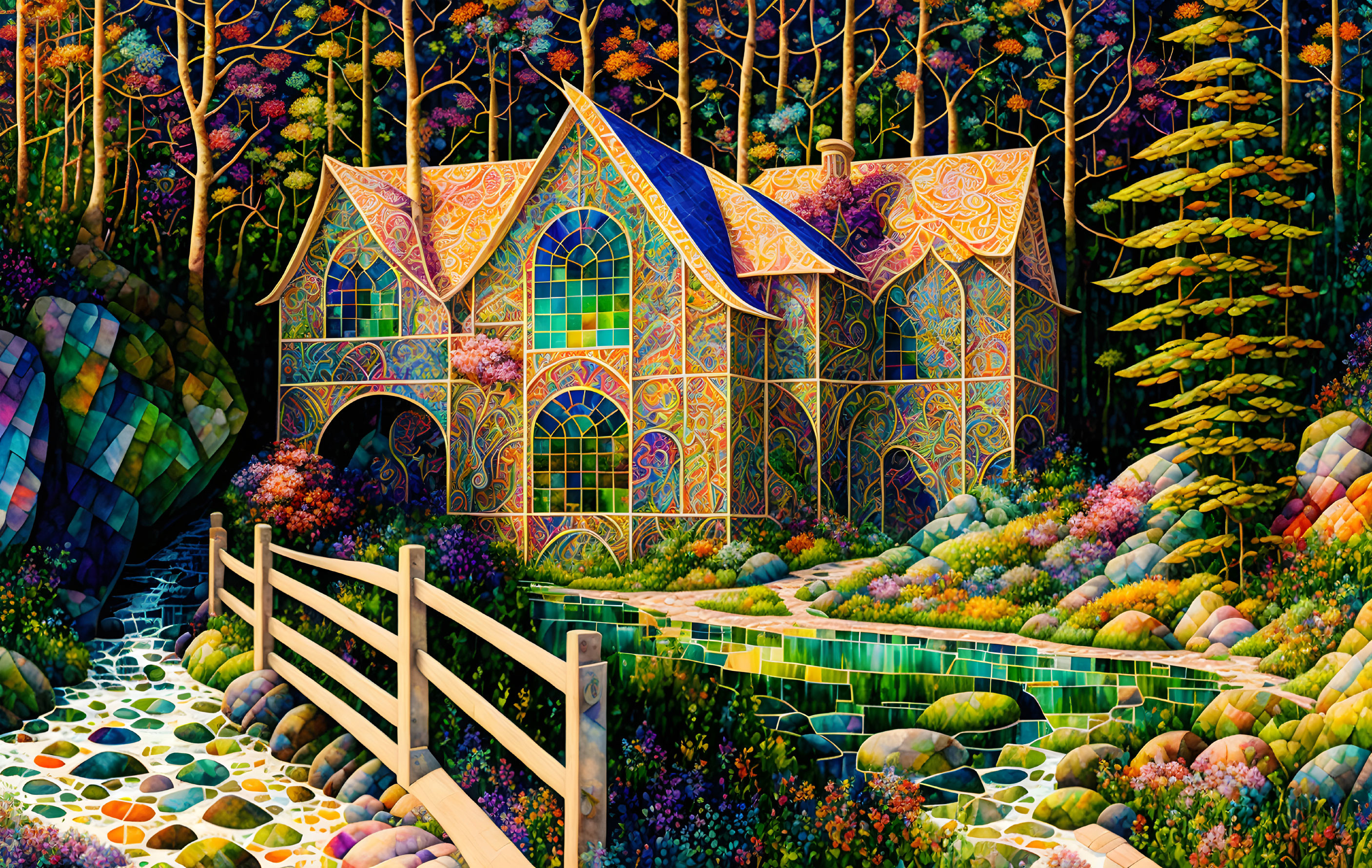 Colorful Cottage Illustration Surrounded by Enchanted Gardens