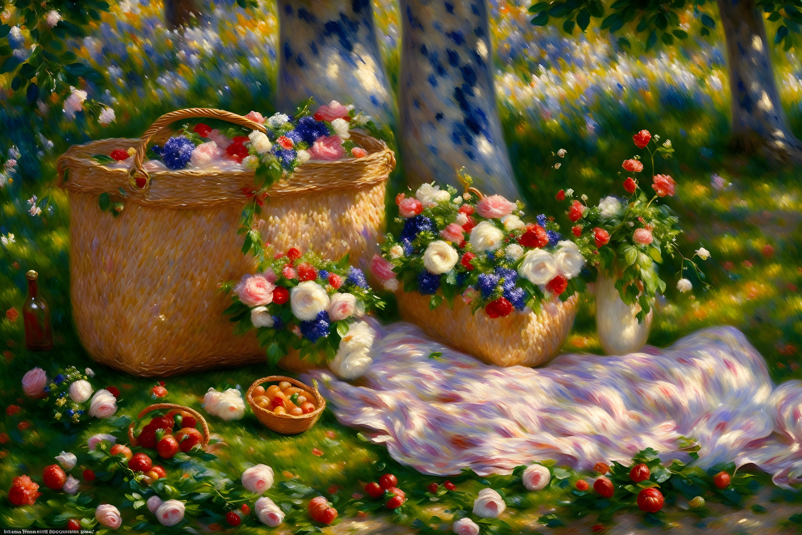 Colorful Flower Garden Scene with Fruit Bowl and Picnic Blanket