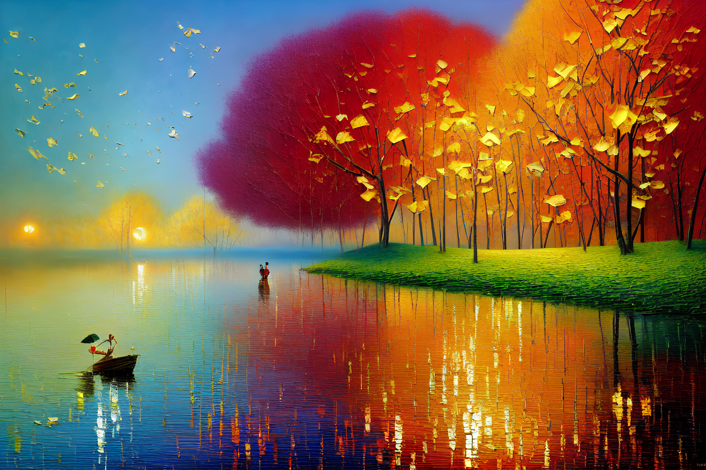 Autumn landscape: red trees, golden leaves, blue lake, boat, colorful reflections