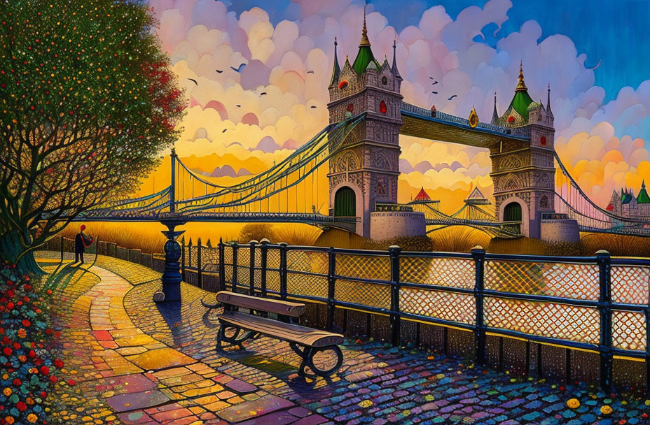 Colorful Tower Bridge painting at sunset with mosaic pathway, bench, and whimsical clouds.