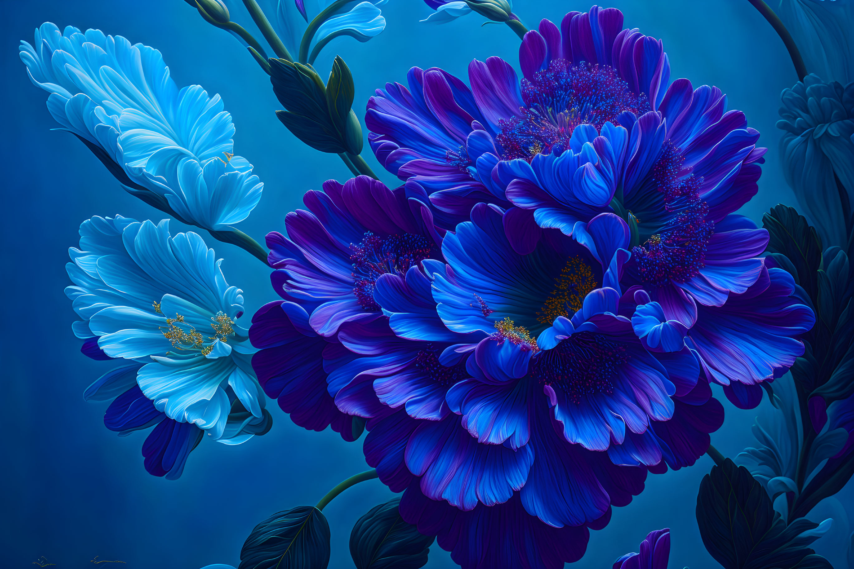 Detailed blue and purple flower digital art on deep blue background