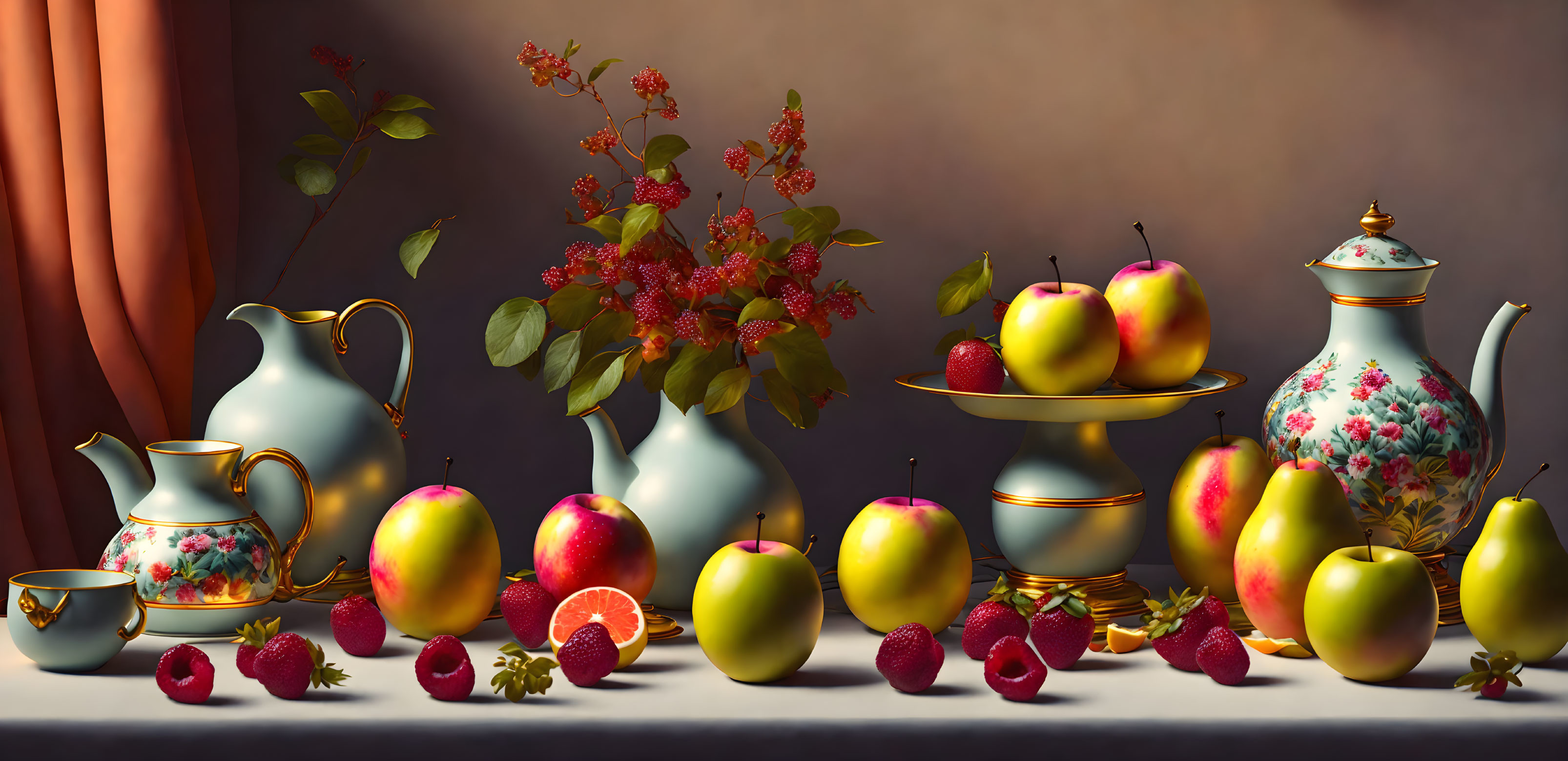 Porcelain teapots, cups, fruits, and flowers in a still-life composition