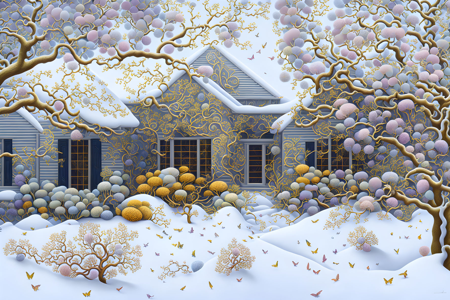 Snow-covered houses and ornate, stylized trees in a whimsical winter setting