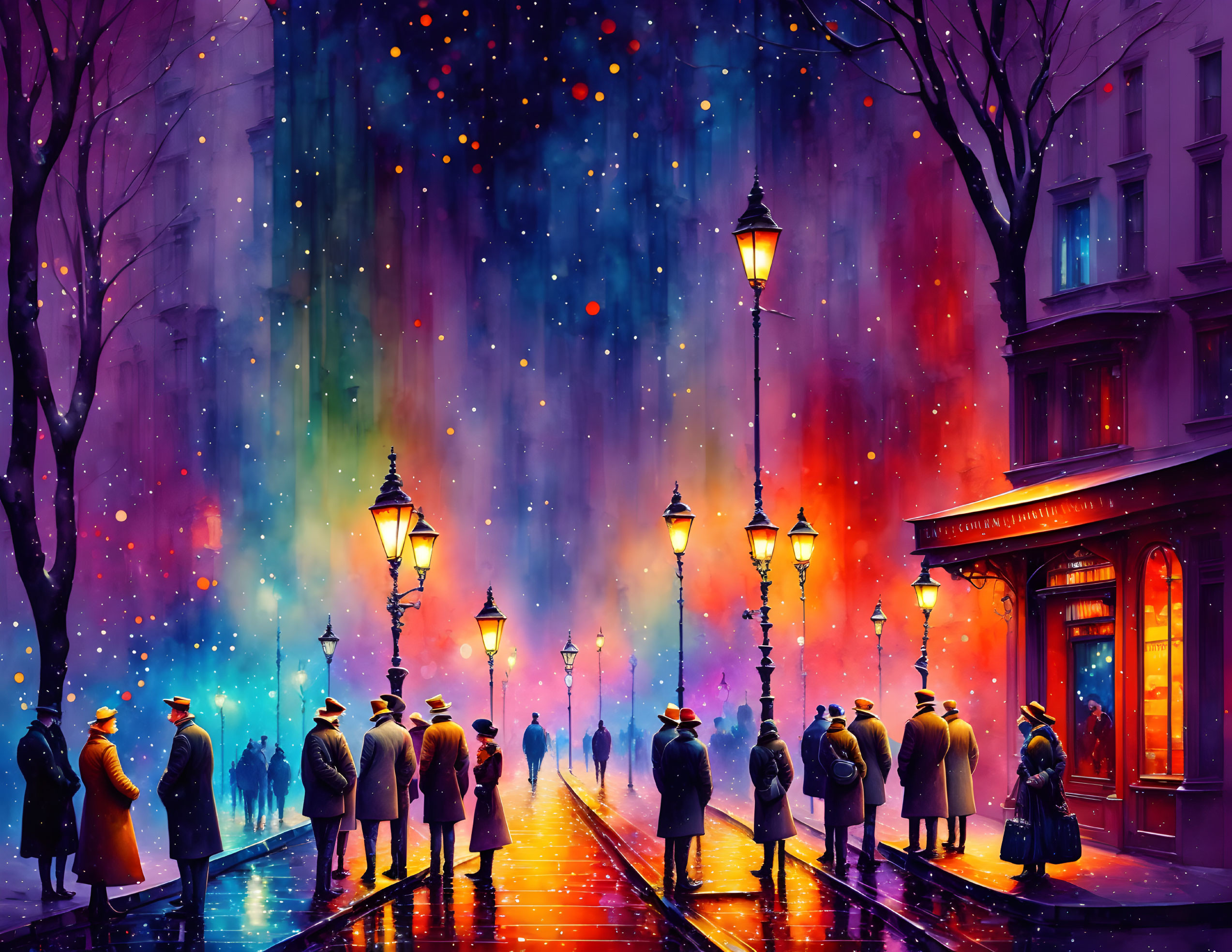 Colorful Artwork: People Walking in Rainy City Street at Night