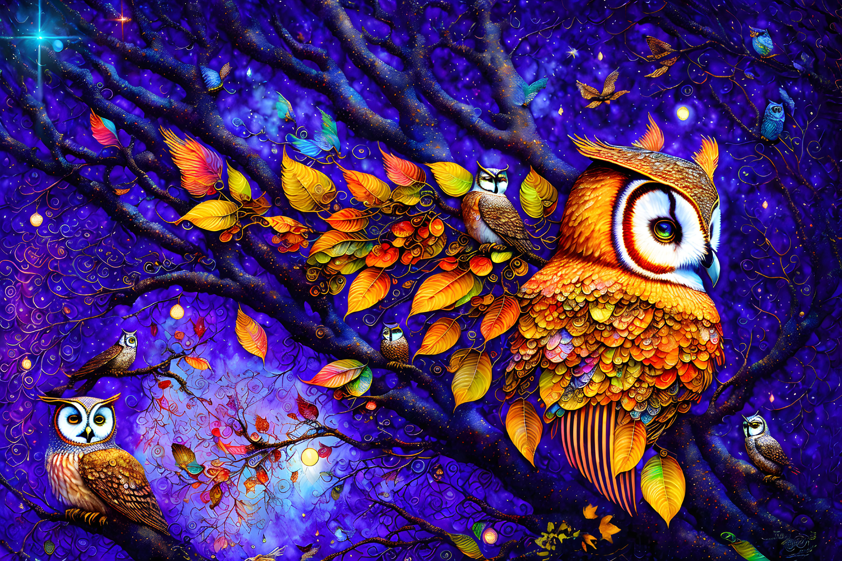 Colorful Artwork: Stylized Owls on Branches in Starry Night Scene