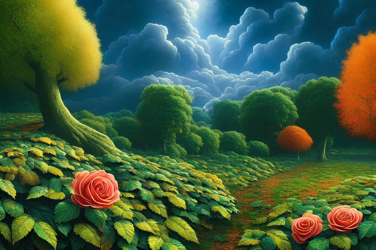 Colorful landscape with lush trees, oversized roses, and dramatic sky