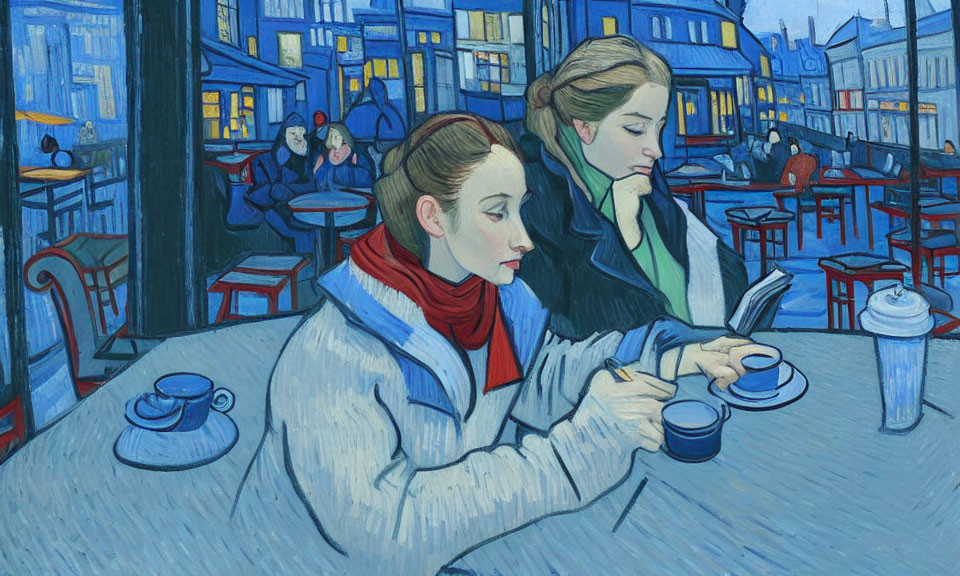 People reading at café table amid Van Gogh-style cityscape