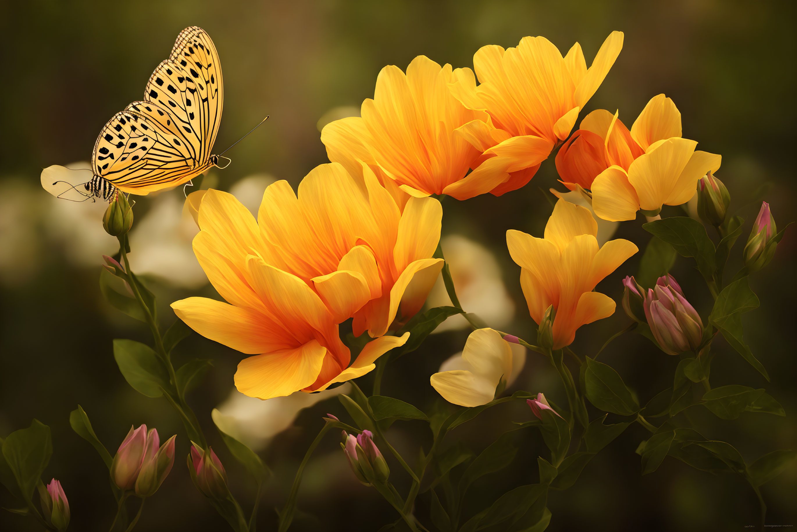 Colorful Butterfly Resting on Yellow and Orange Flowers in Lush Greenery