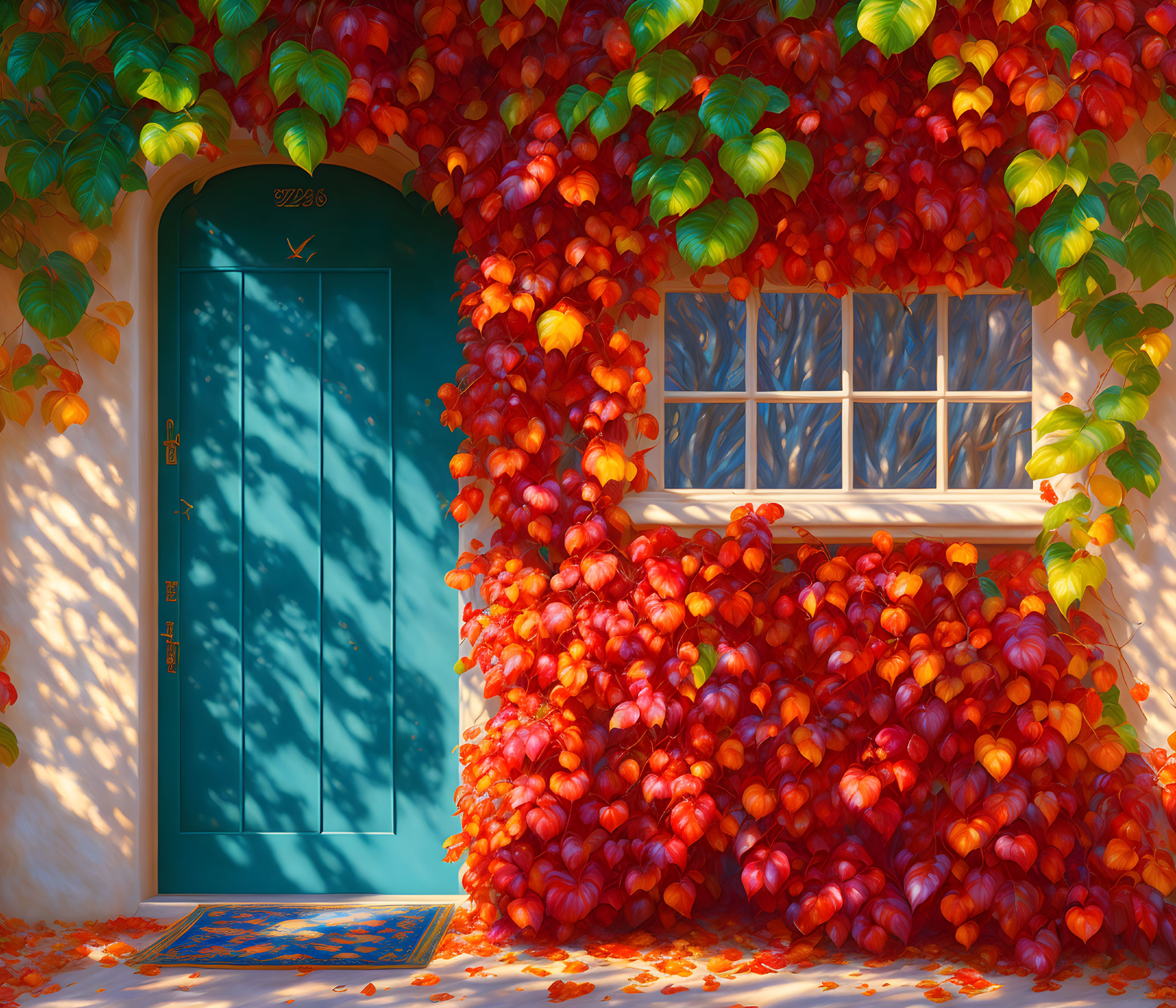 Teal Door Entrance Surrounded by Autumn Leaves