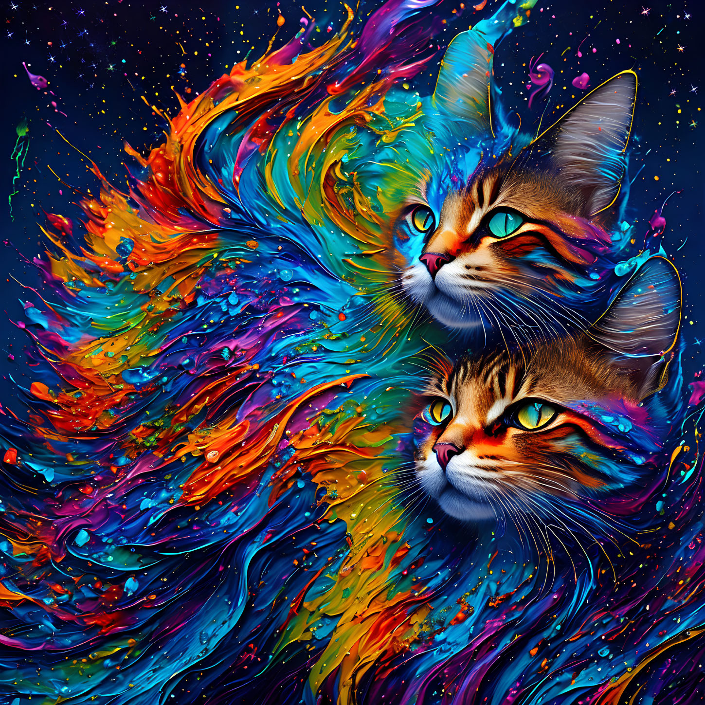 Colorful Artwork: Cats' Fur Blending in Cosmic Splash