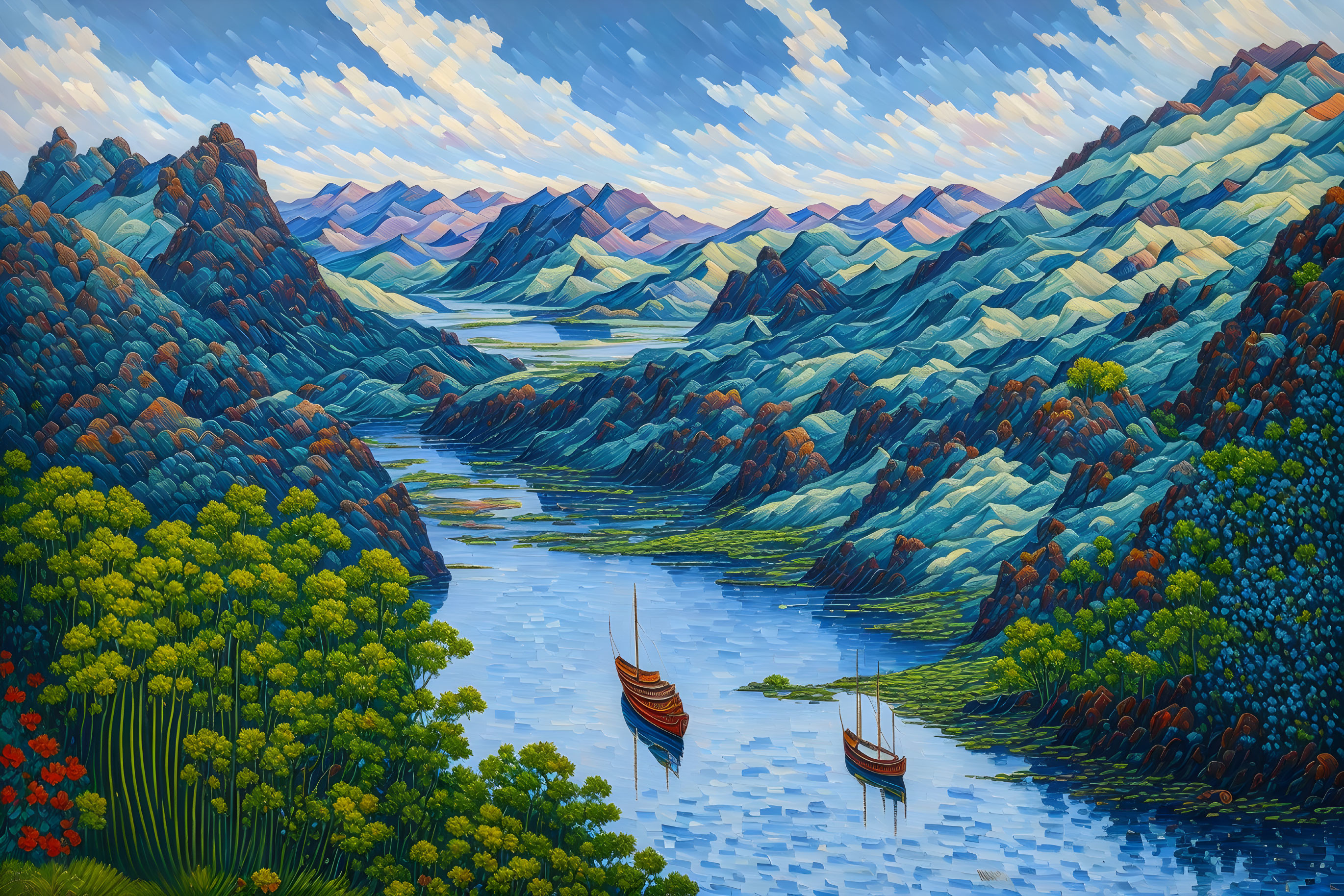 Colorful painting of boats on calm river and lush hills under blue sky