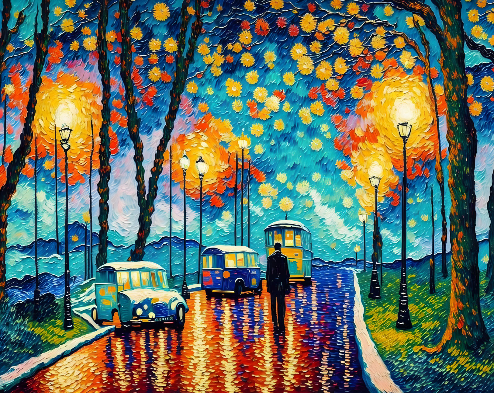 Vibrant Van Gogh-style painting of street scene with retro vehicles and starry sky