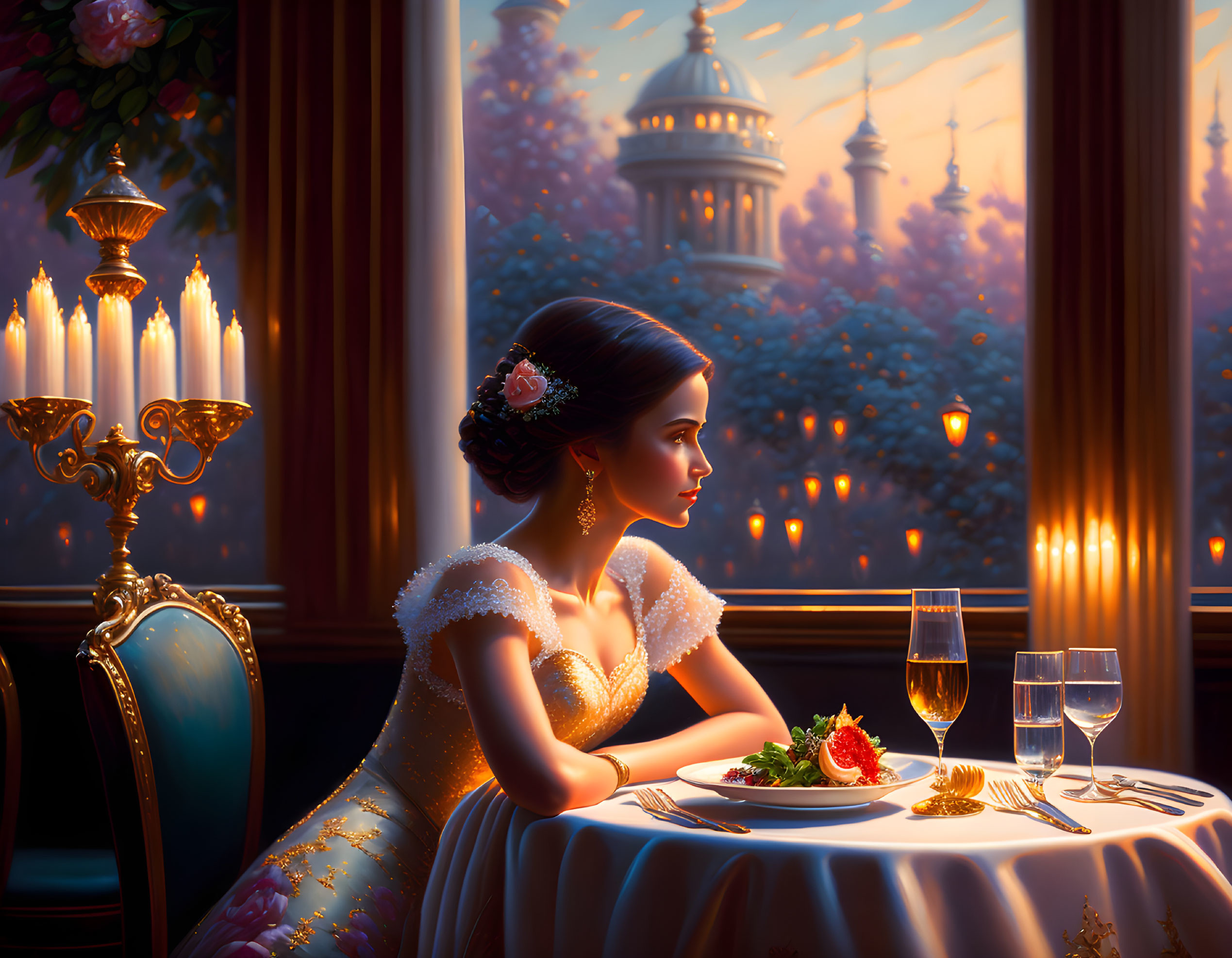 Woman in elegant dress dining at table with city view at sunset