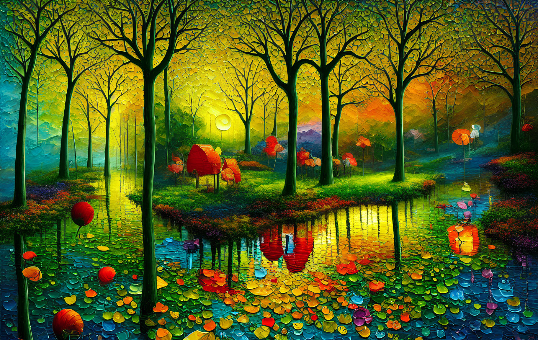 Colorful Fantastical Forest Painting with Reflective River & Glowing Trees