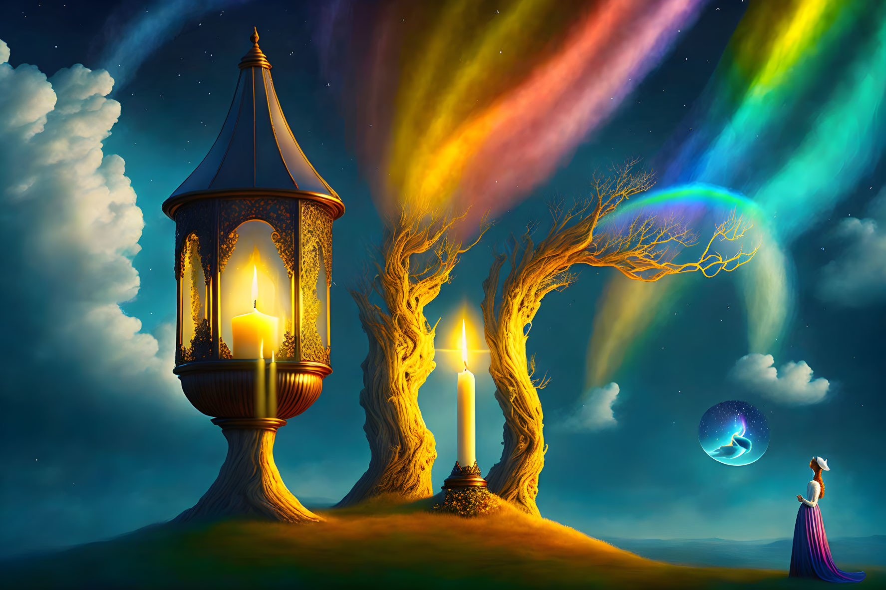 Woman admires floating bubble under colorful auroras and lantern, surrounded by candlelit trees