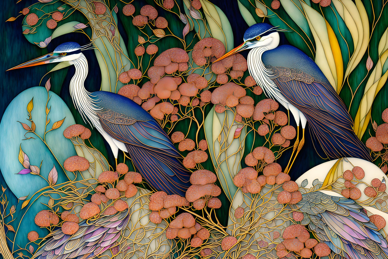 Stylized herons in intricate foliage with colorful art nouveau design