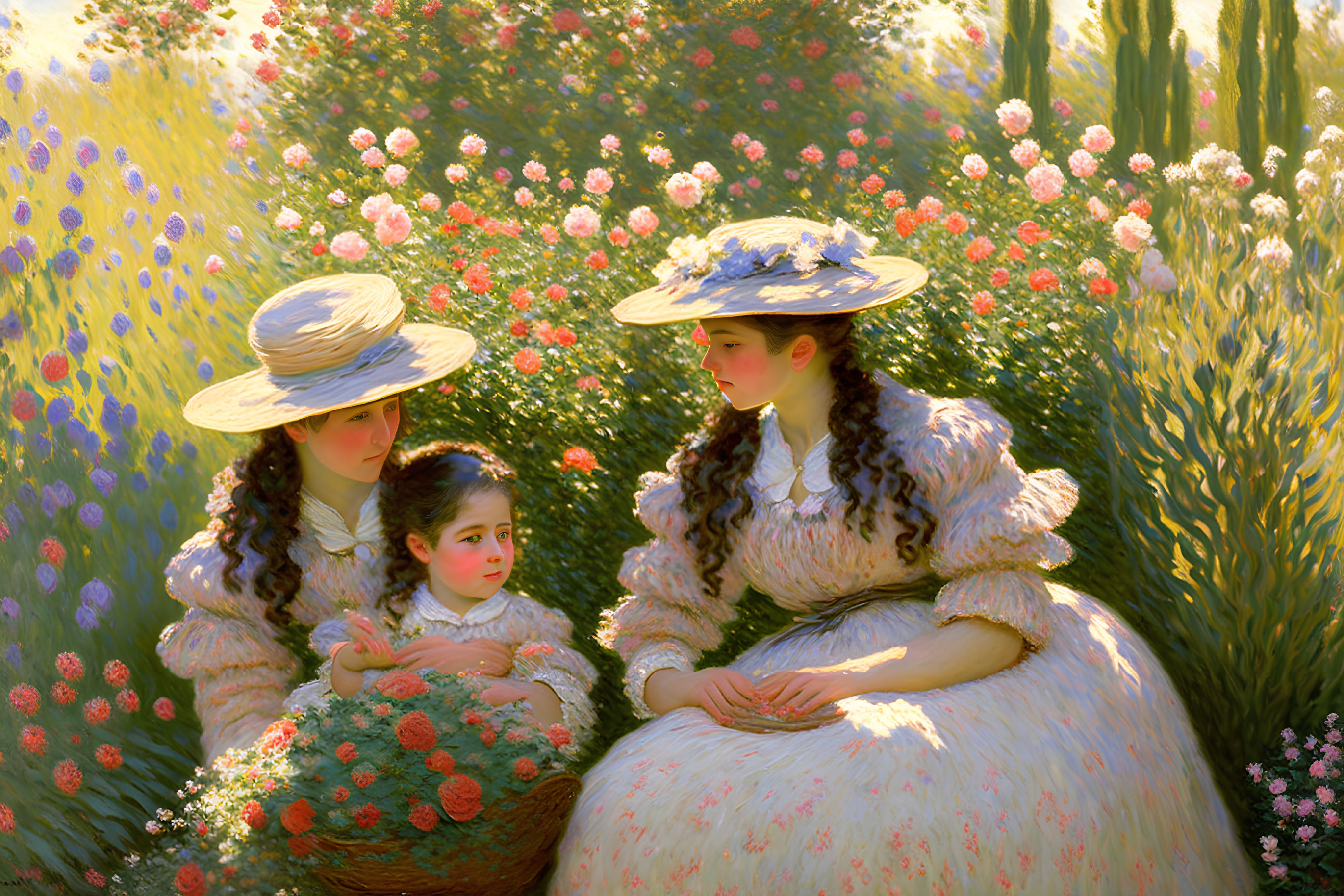 Vintage dresses and wide-brimmed hats among vibrant flowers in warm sunlight