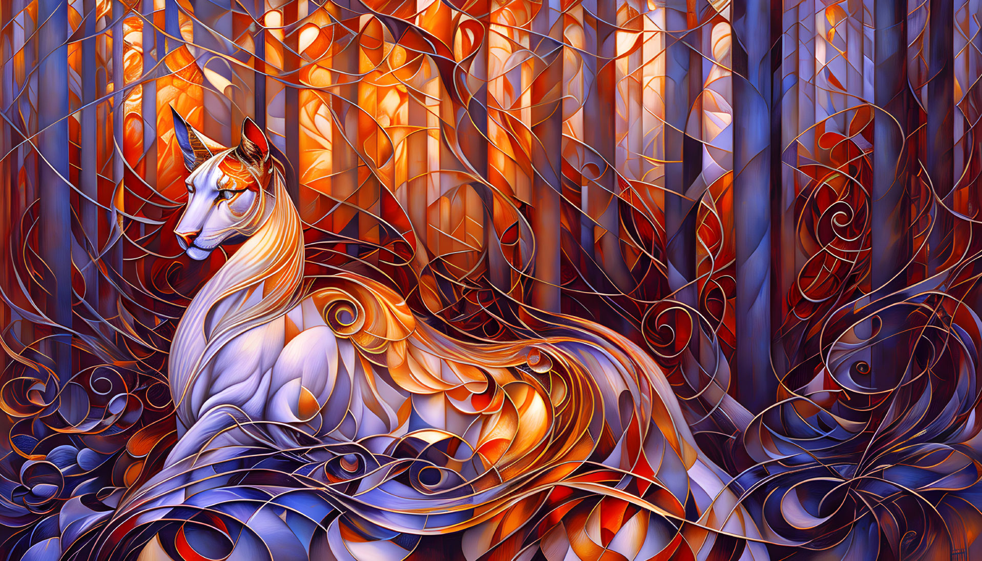 Colorful unicorn in autumn forest scenery