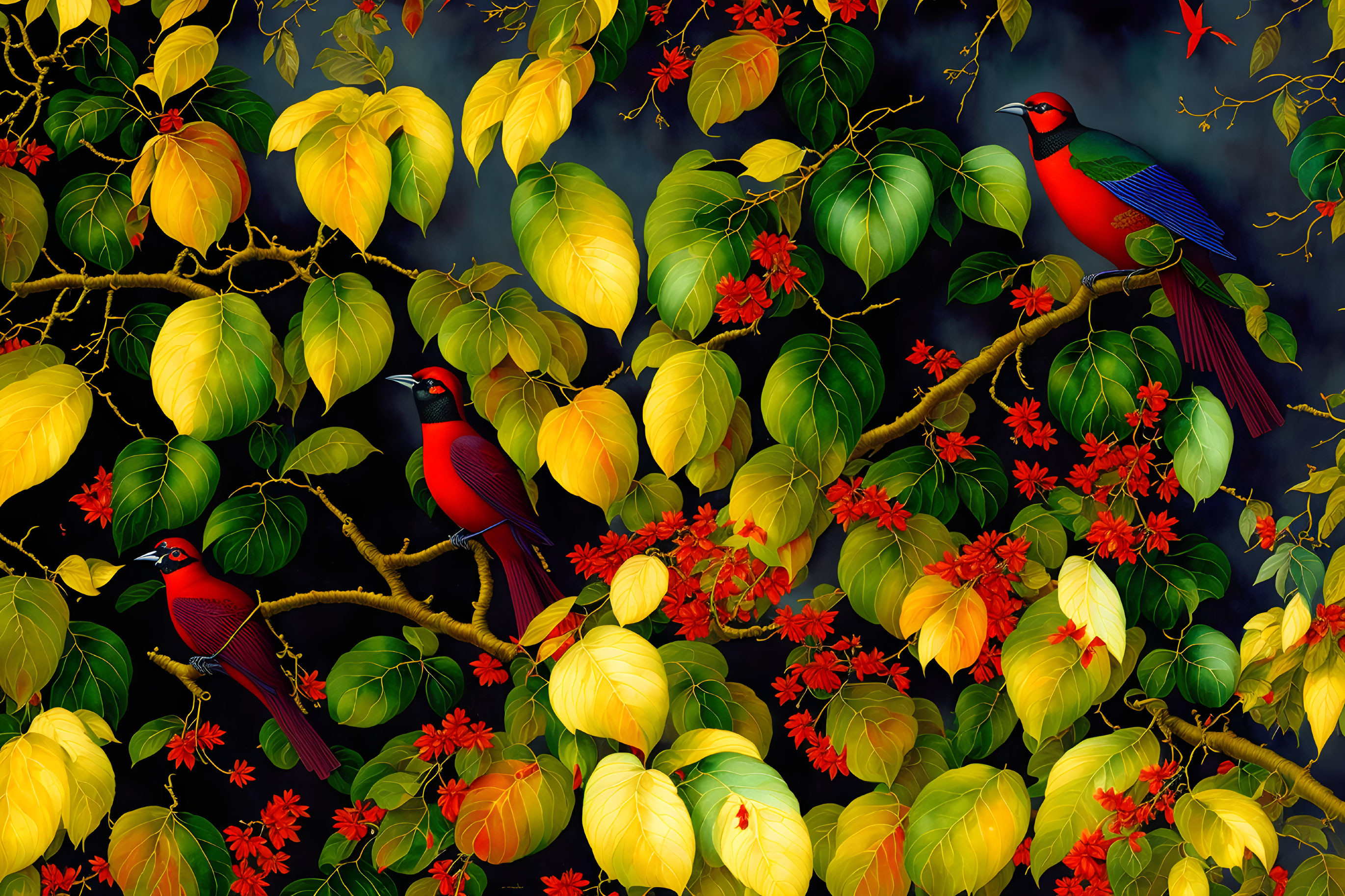 Colorful digital artwork: red cardinals in green foliage and red flowers on dark backdrop