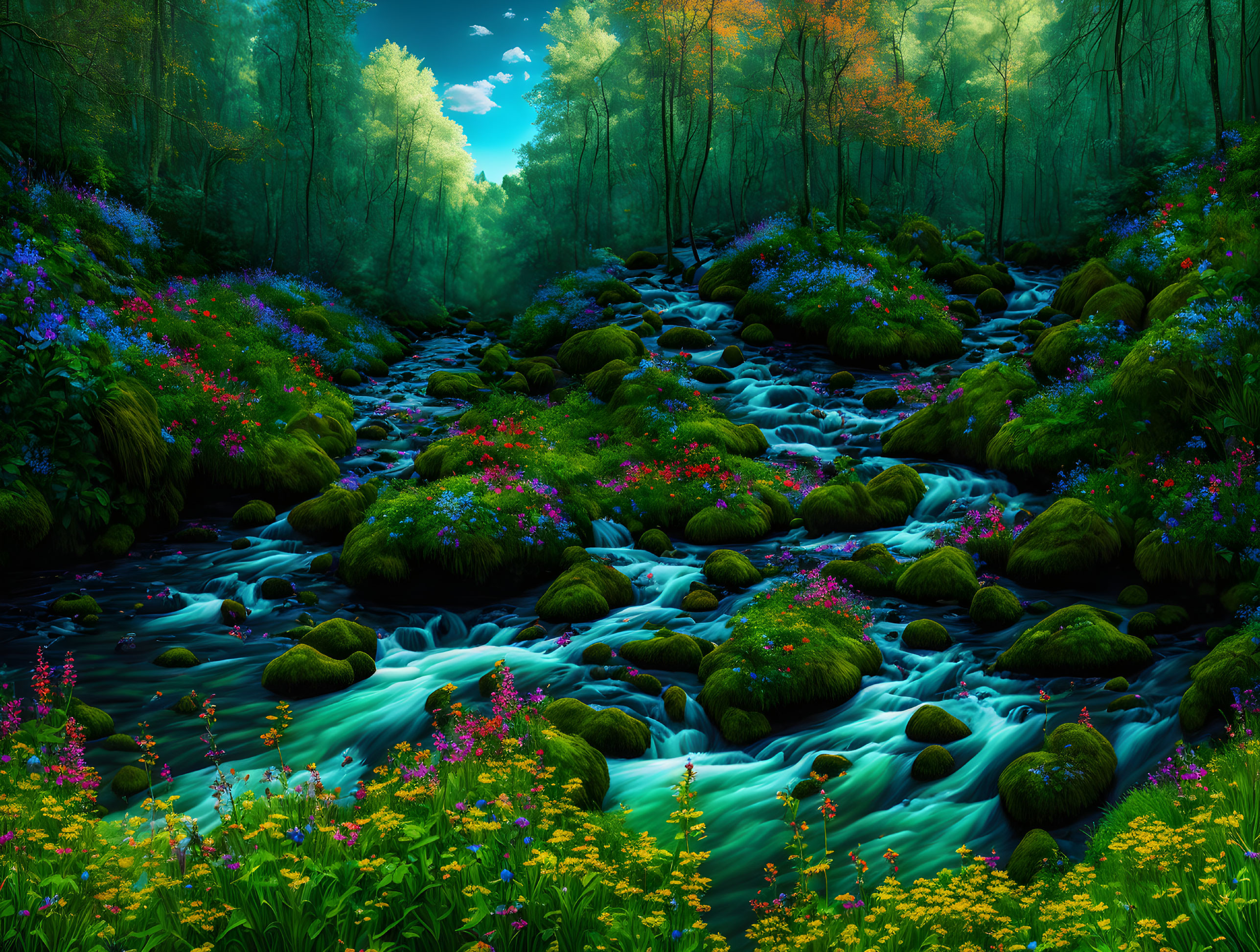 Tranquil forest stream with moss-covered rocks and colorful flowers