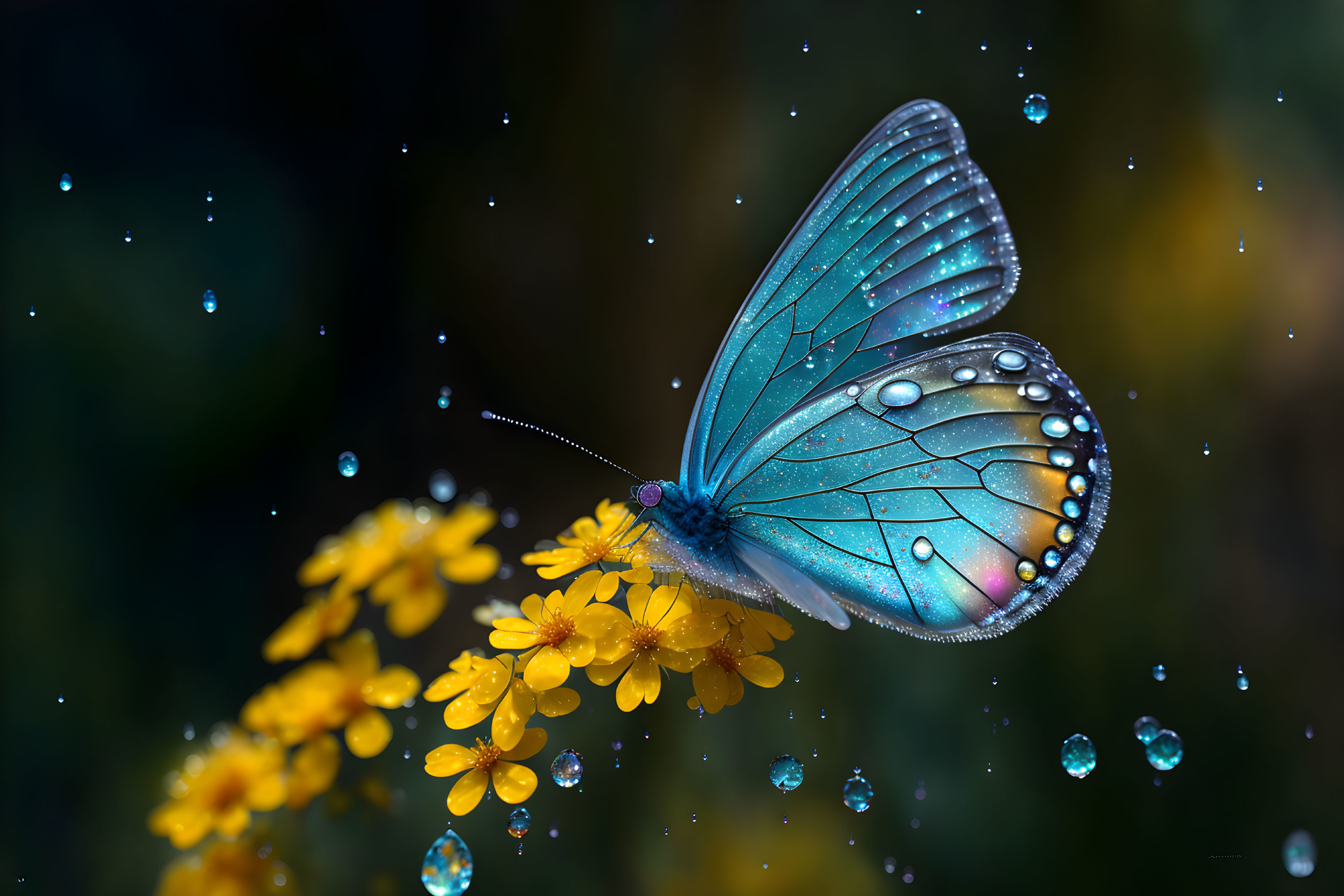 Blue butterfly on yellow flowers with water droplets: serene nature scene