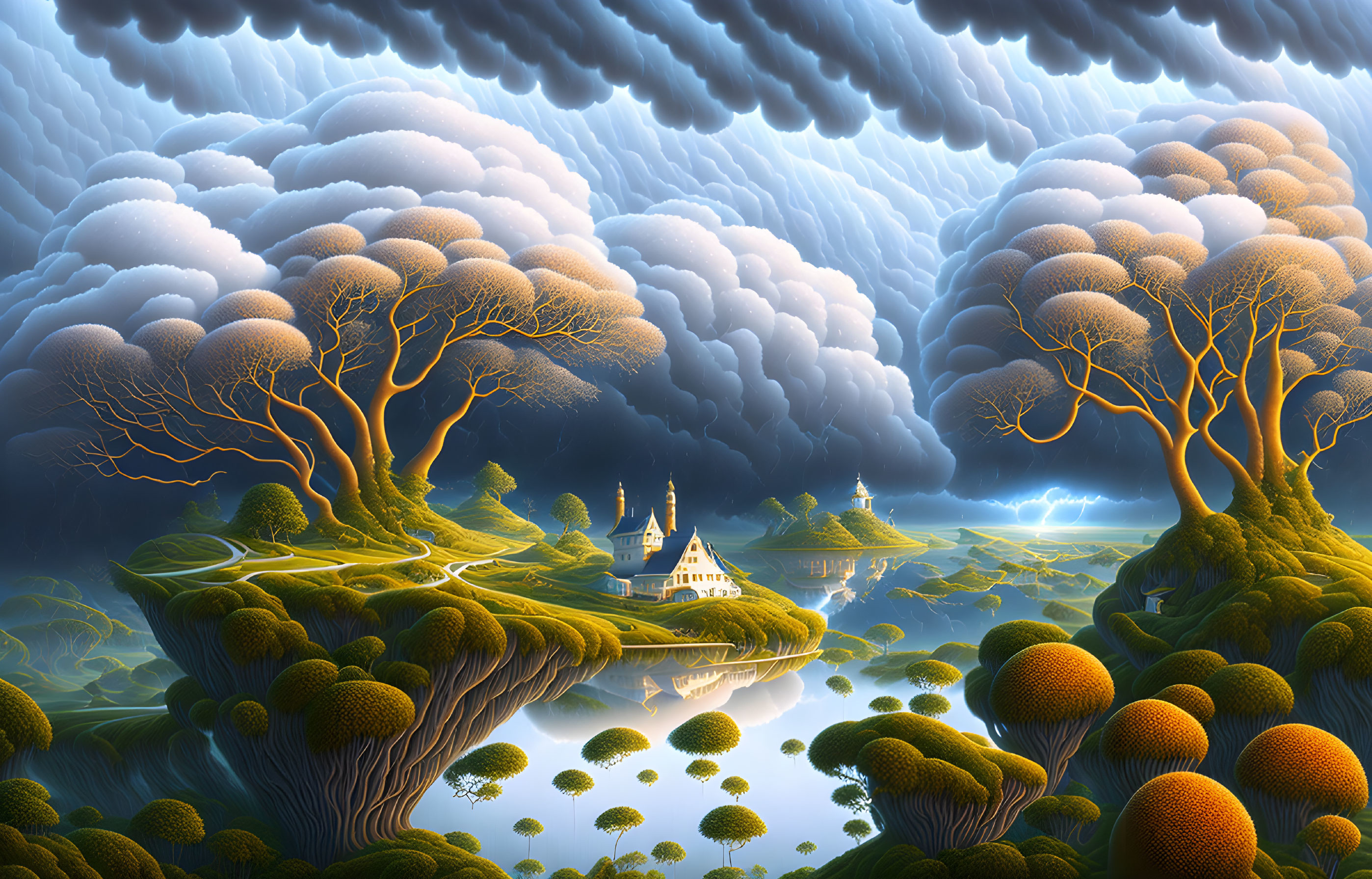 Fantasy landscape with oversized green trees, castle, hills, and rivers under dramatic sky