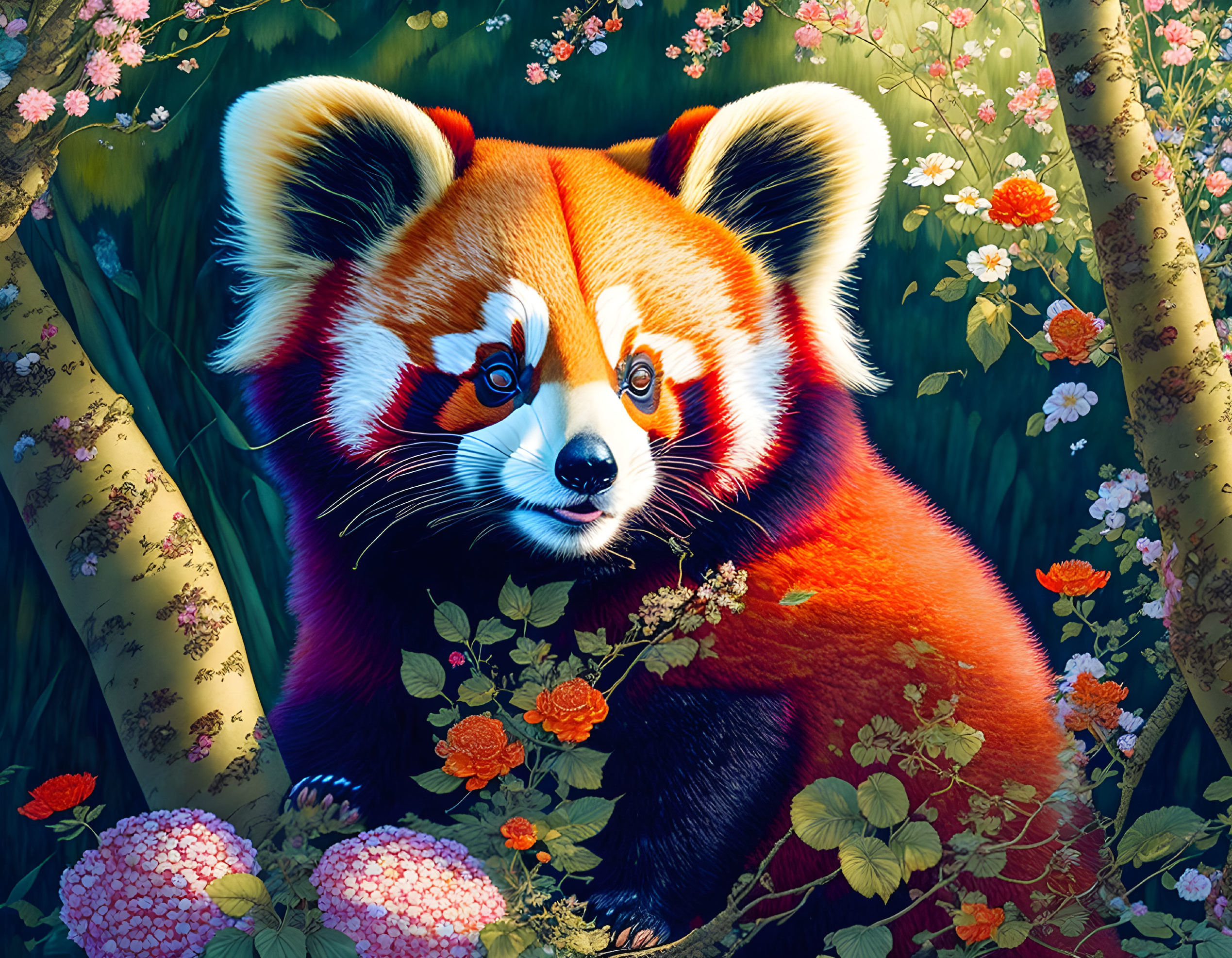 Detailed Red Panda in Lush Floral Setting