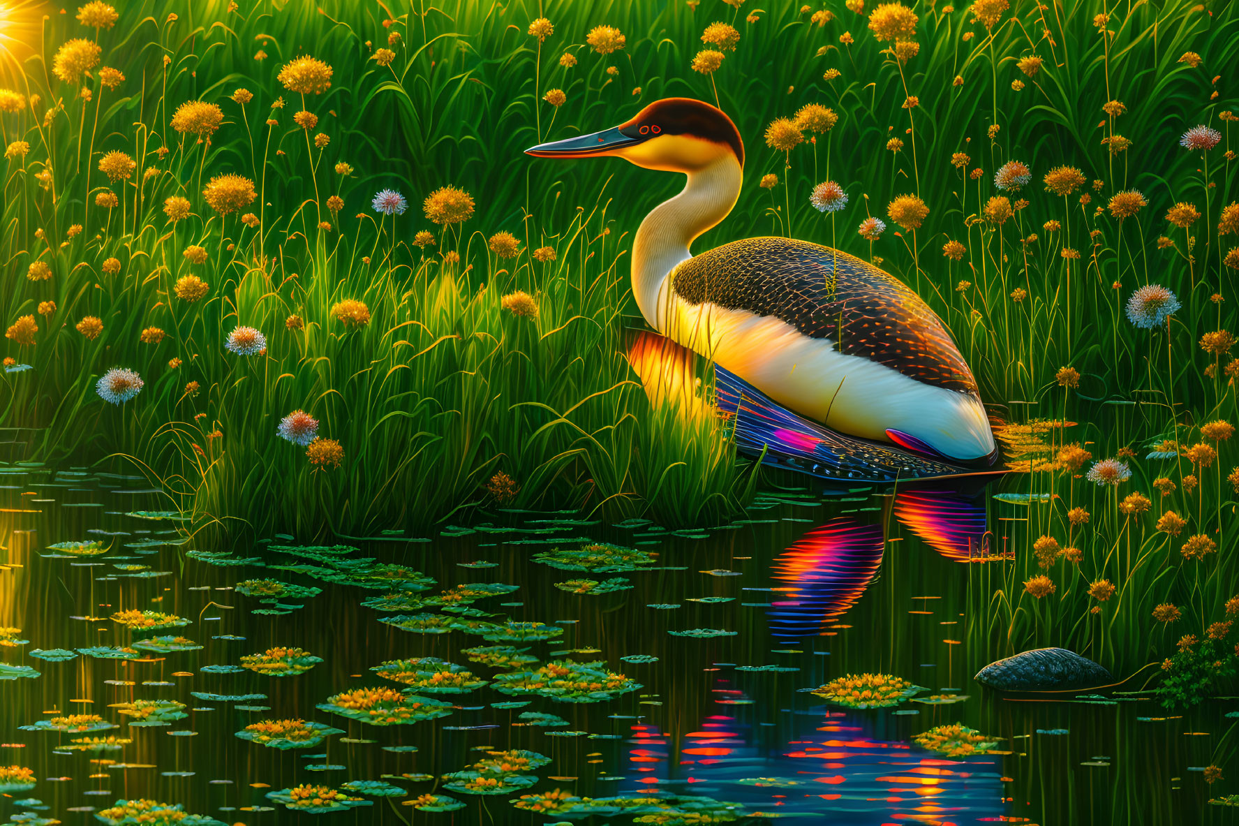 Colorful Duck in Green Reeds and Dandelions by Tranquil Pond