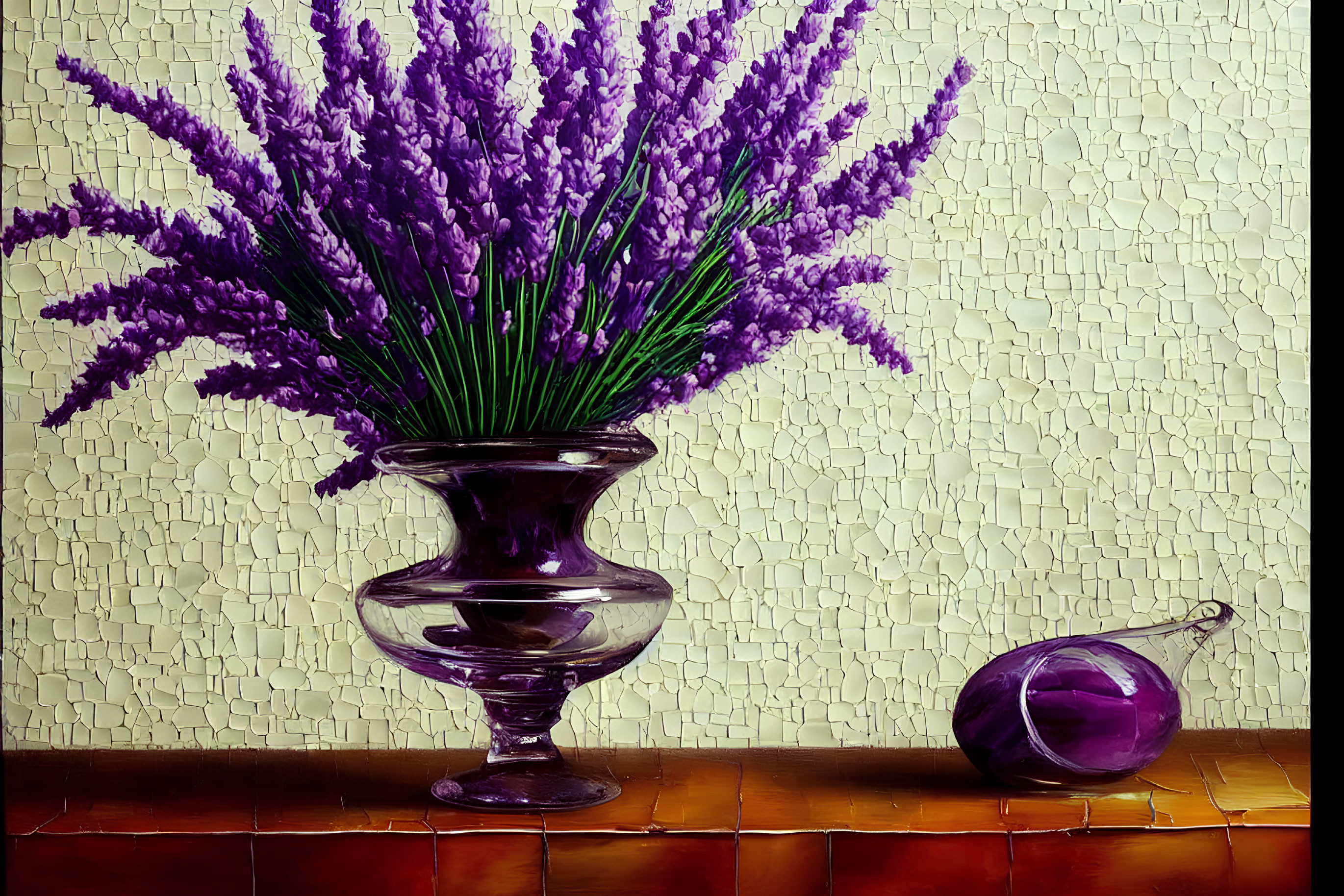 Purple lavender flowers and glass ornament on wooden surface against cream wall.