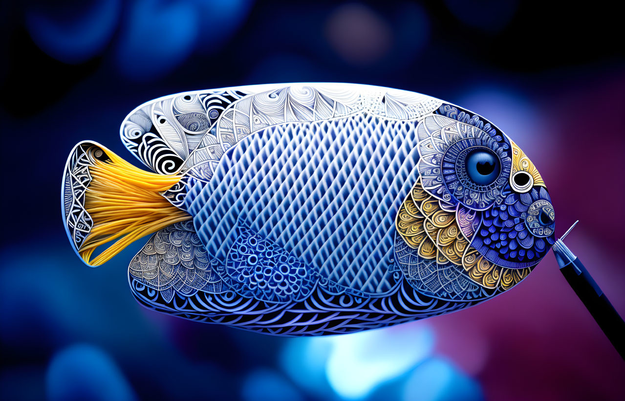 Colorful Stylized Fish Illustration with Vibrant Yellow Tail on Blurry Blue and Magenta