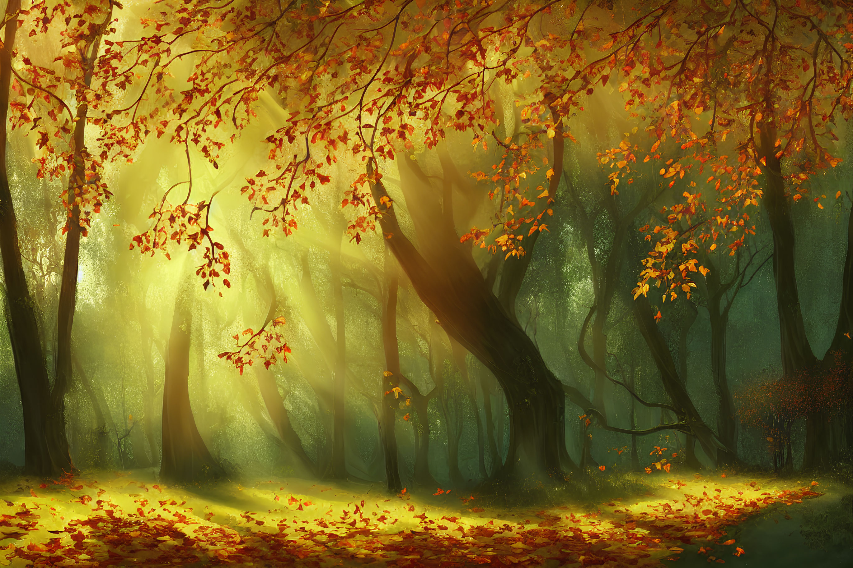 Golden Leaves and Mist: Enchanting Autumn Forest Scene