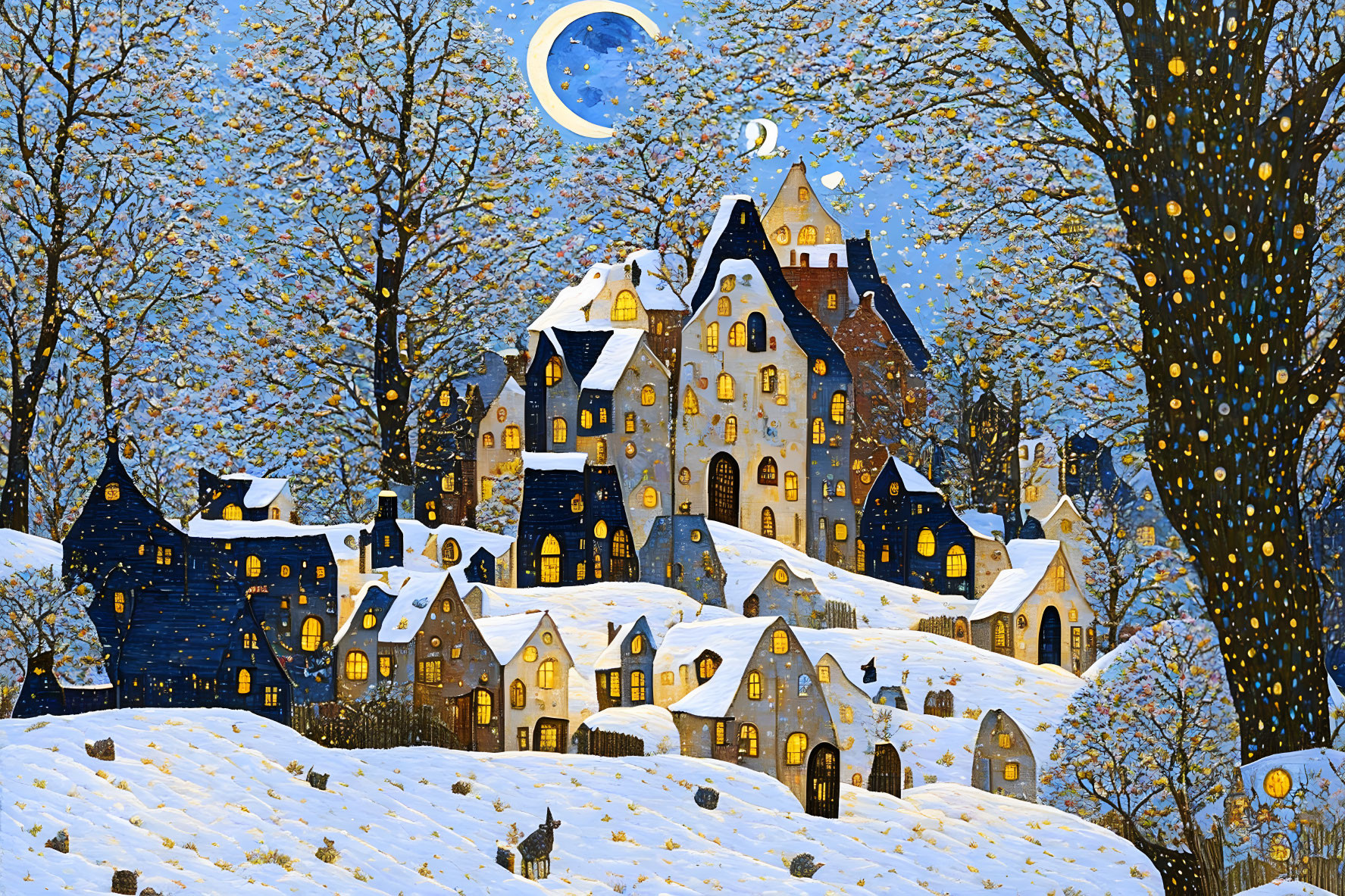 Snow-covered village with glowing windows under crescent moon