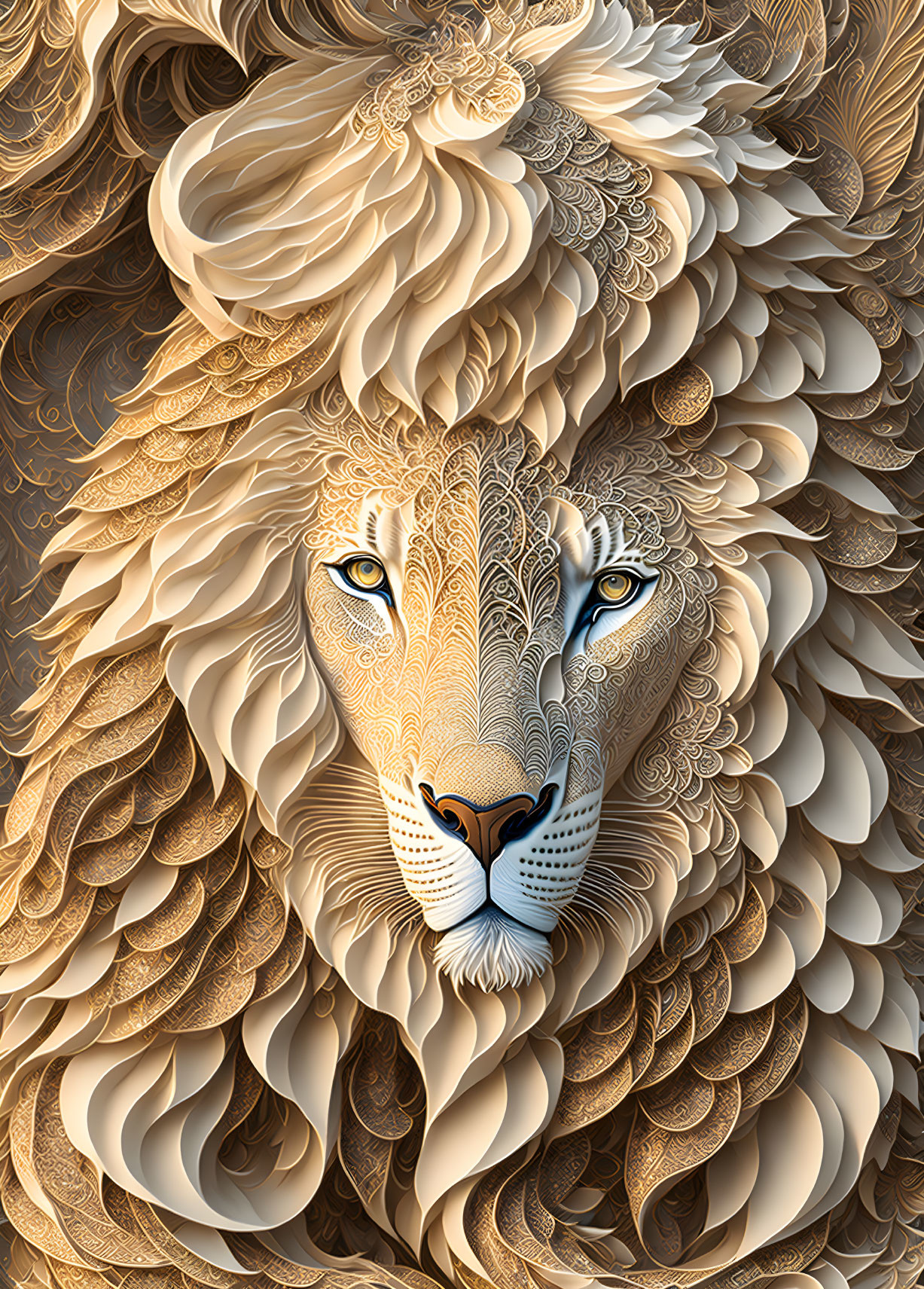 Detailed illustration of majestic lion with intricate mane patterns and gold-beige color scheme