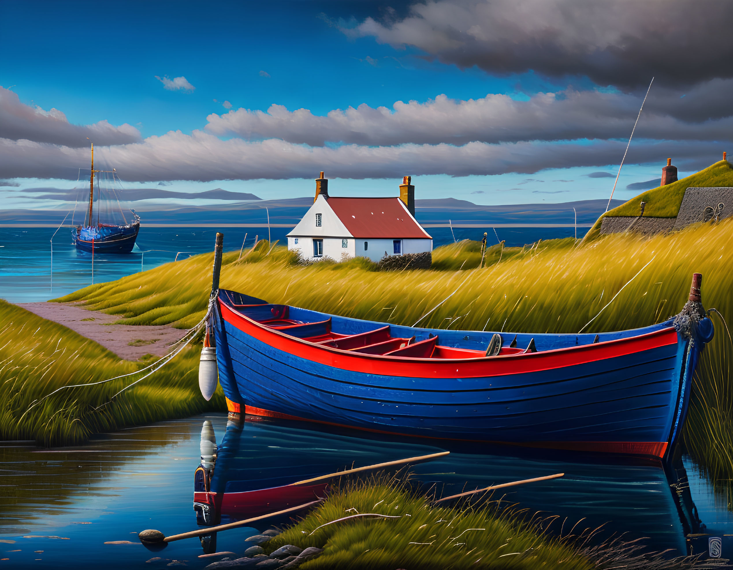 Scenic red boat on calm river with white house and ship in lush landscape