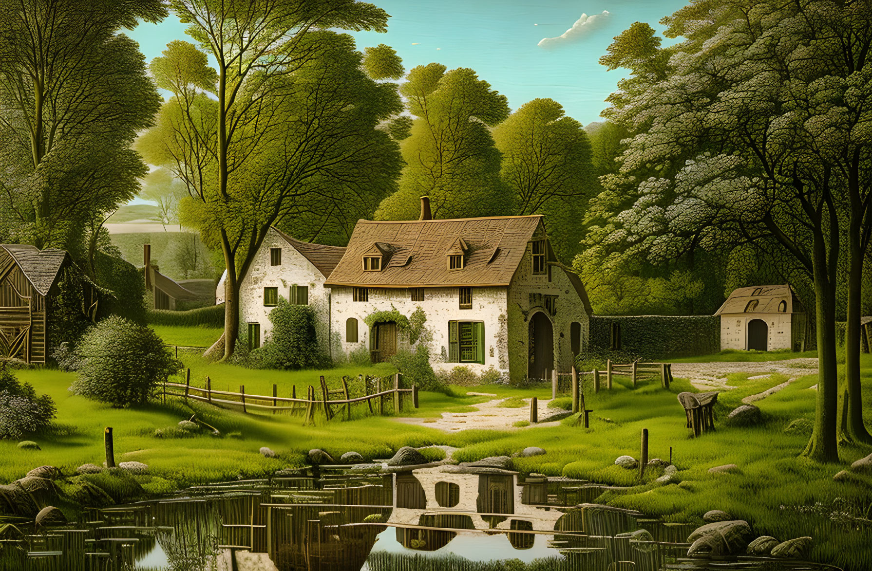 Tranquil countryside landscape with white cottage, lush trees, pond, and grazing horse