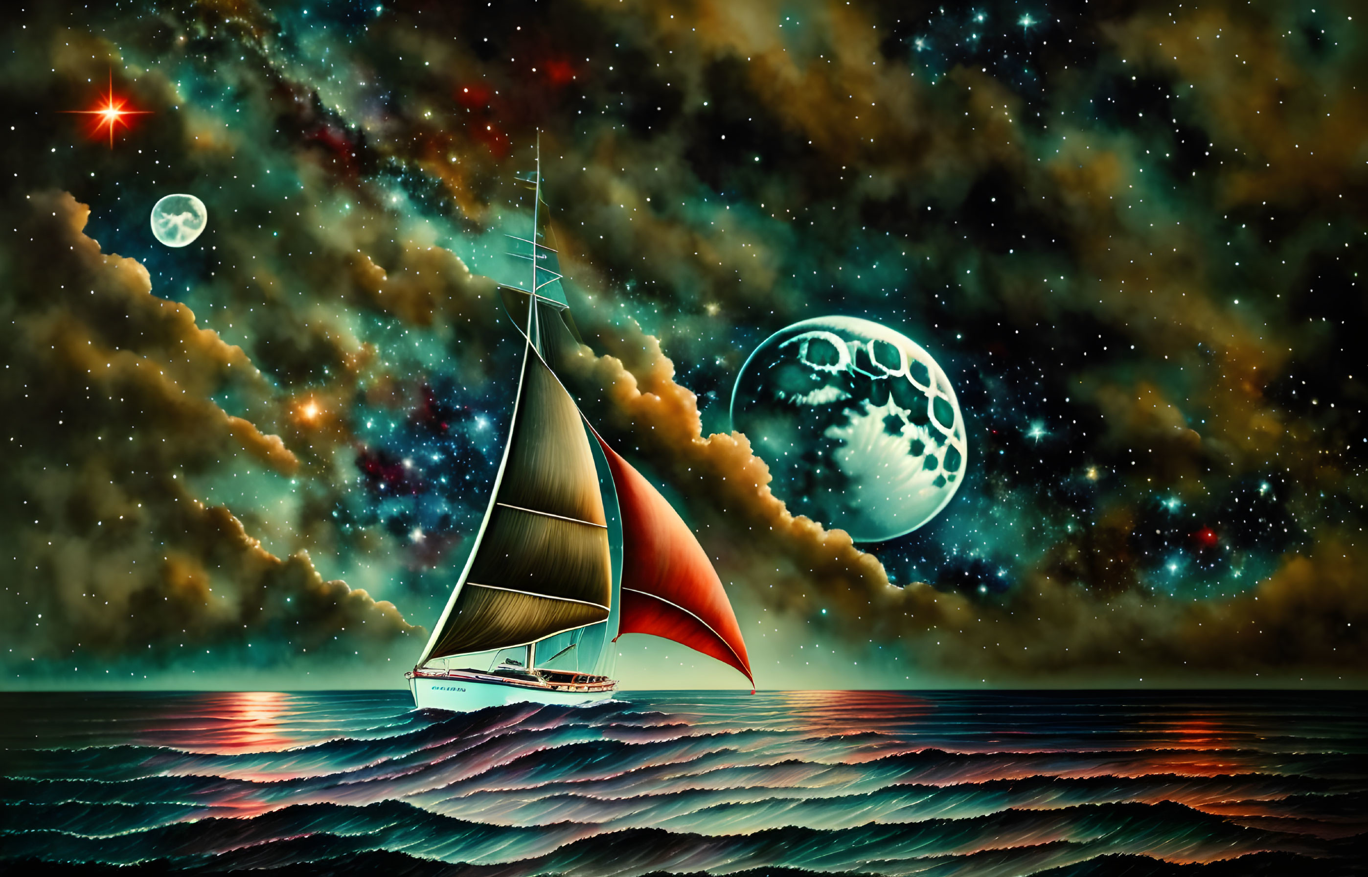 Red sail sailboat on wavy ocean under starry sky