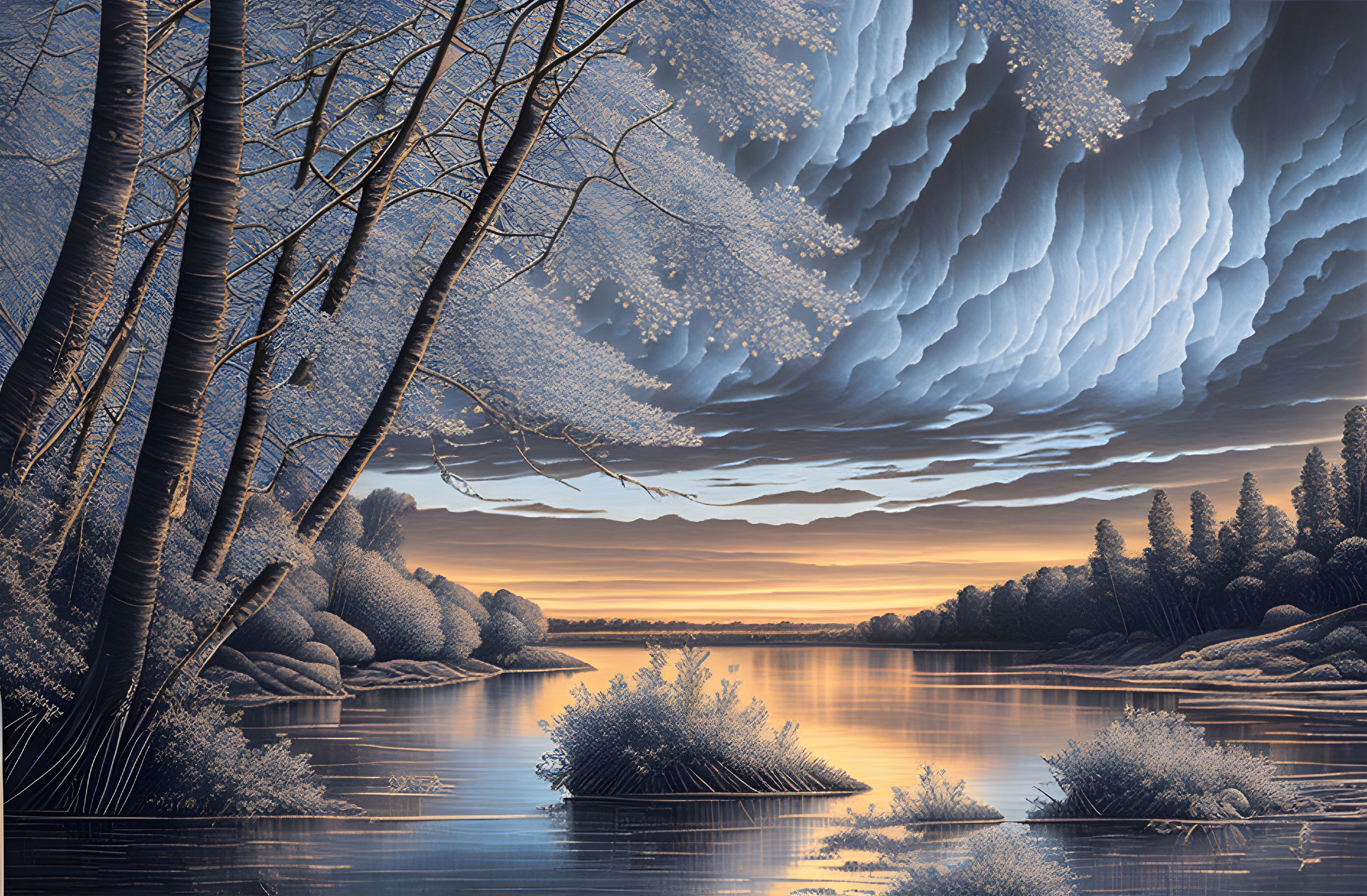 Snow-covered forest, cloudy sky, reflective lake: Tranquil twilight landscape