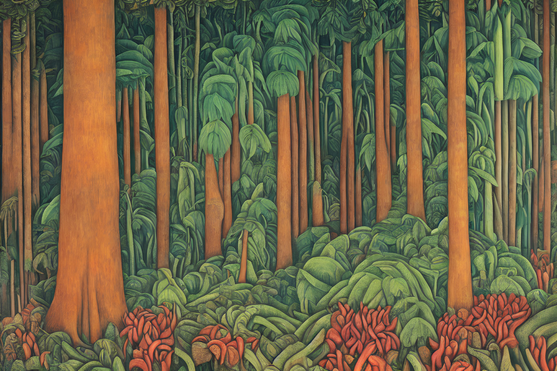 Lush Jungle Scene with Towering Trees and Red Plants