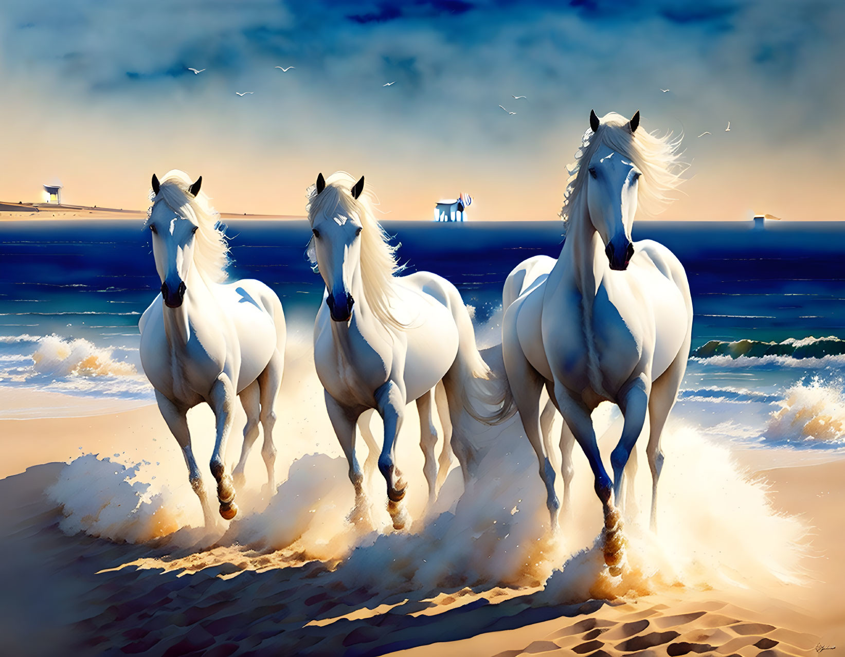 White horses galloping on beach with crashing waves and distant ships.