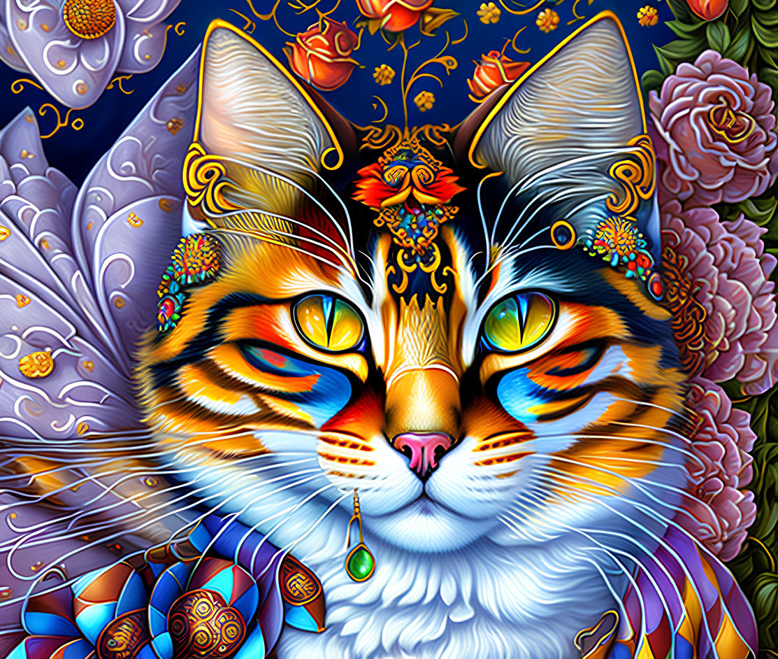 Vibrant Cat with Butterfly Wings and Floral Patterns