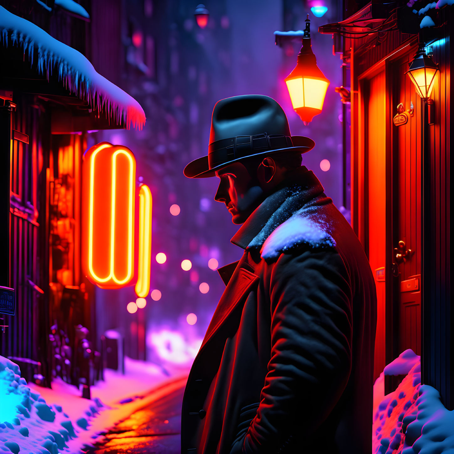 Man in hat and coat on snowy street at night under neon lights