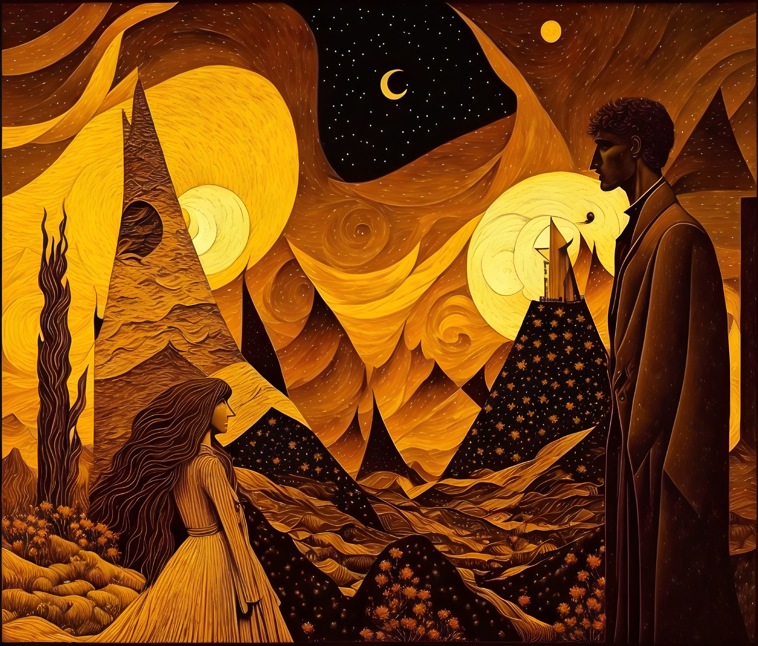 Surreal golden landscape with man and girl in stylized art piece