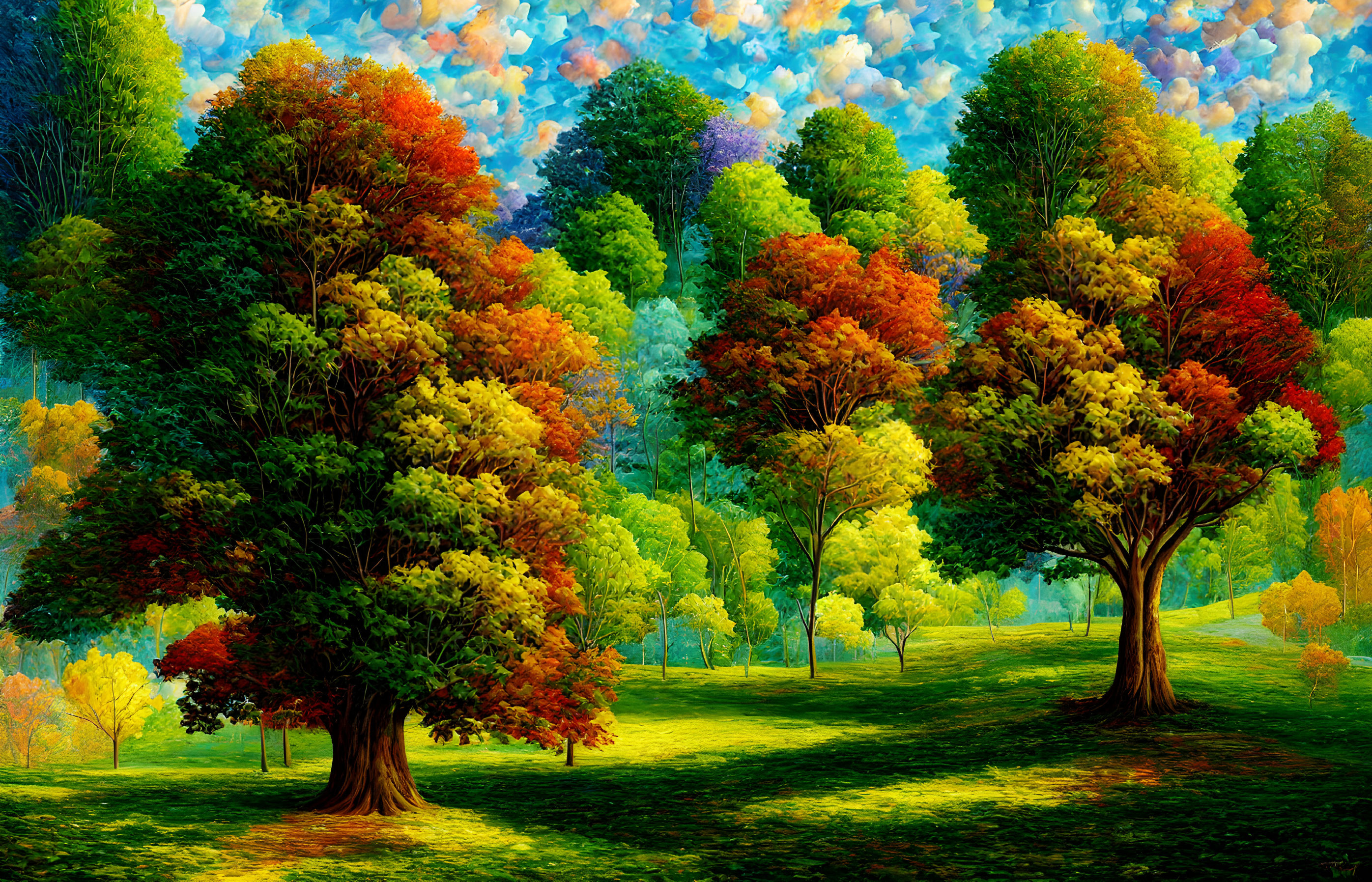 Colorful Autumn Trees Landscape Painting Under Blue Sky