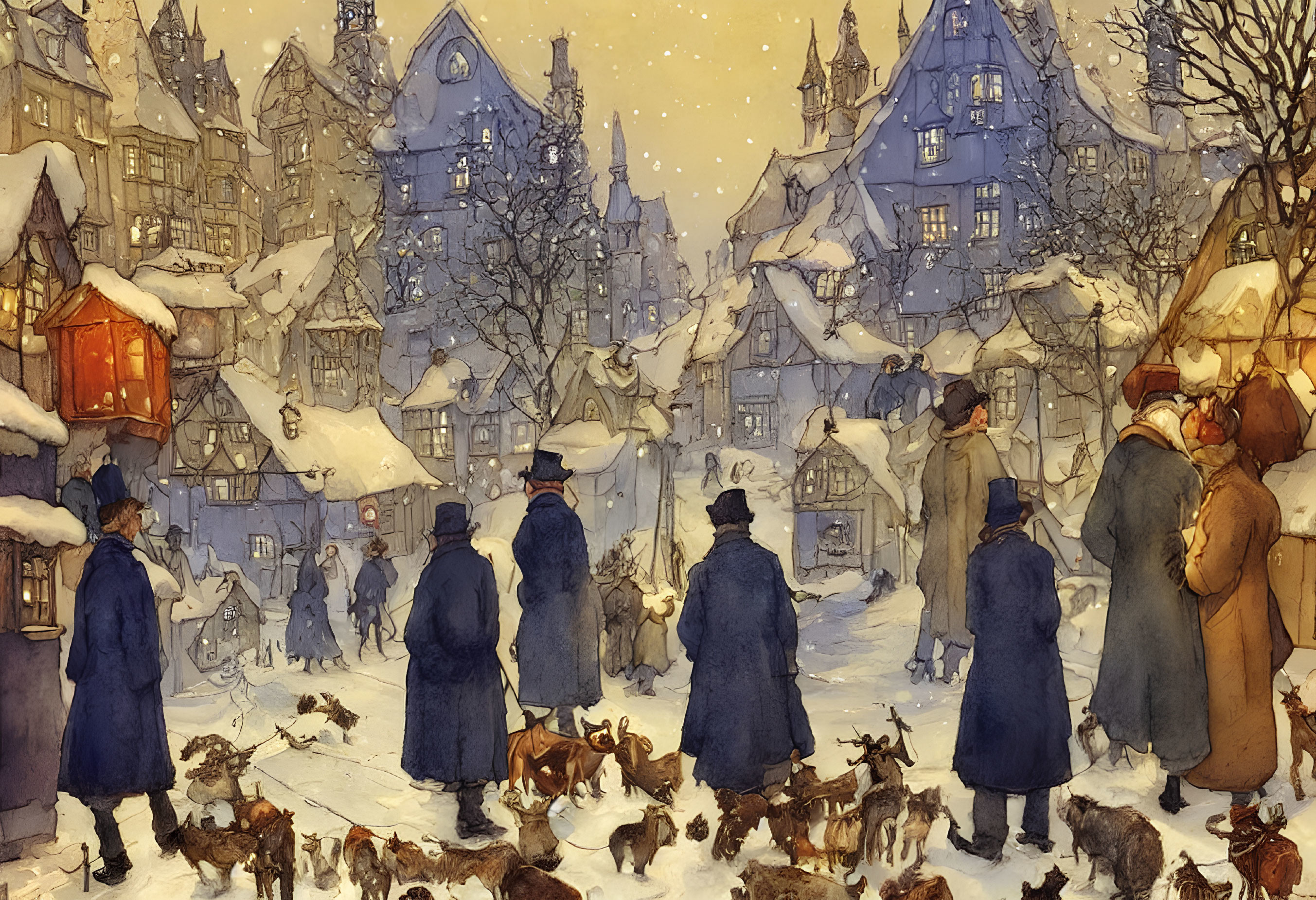 Winter street scene with people in warm clothes and dogs, surrounded by glowing houses