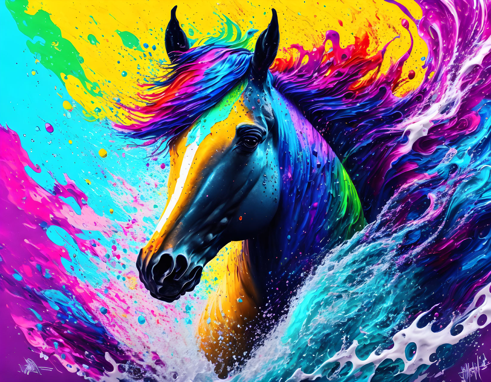 Colorful horse illustration with multicolored mane on vibrant backdrop.