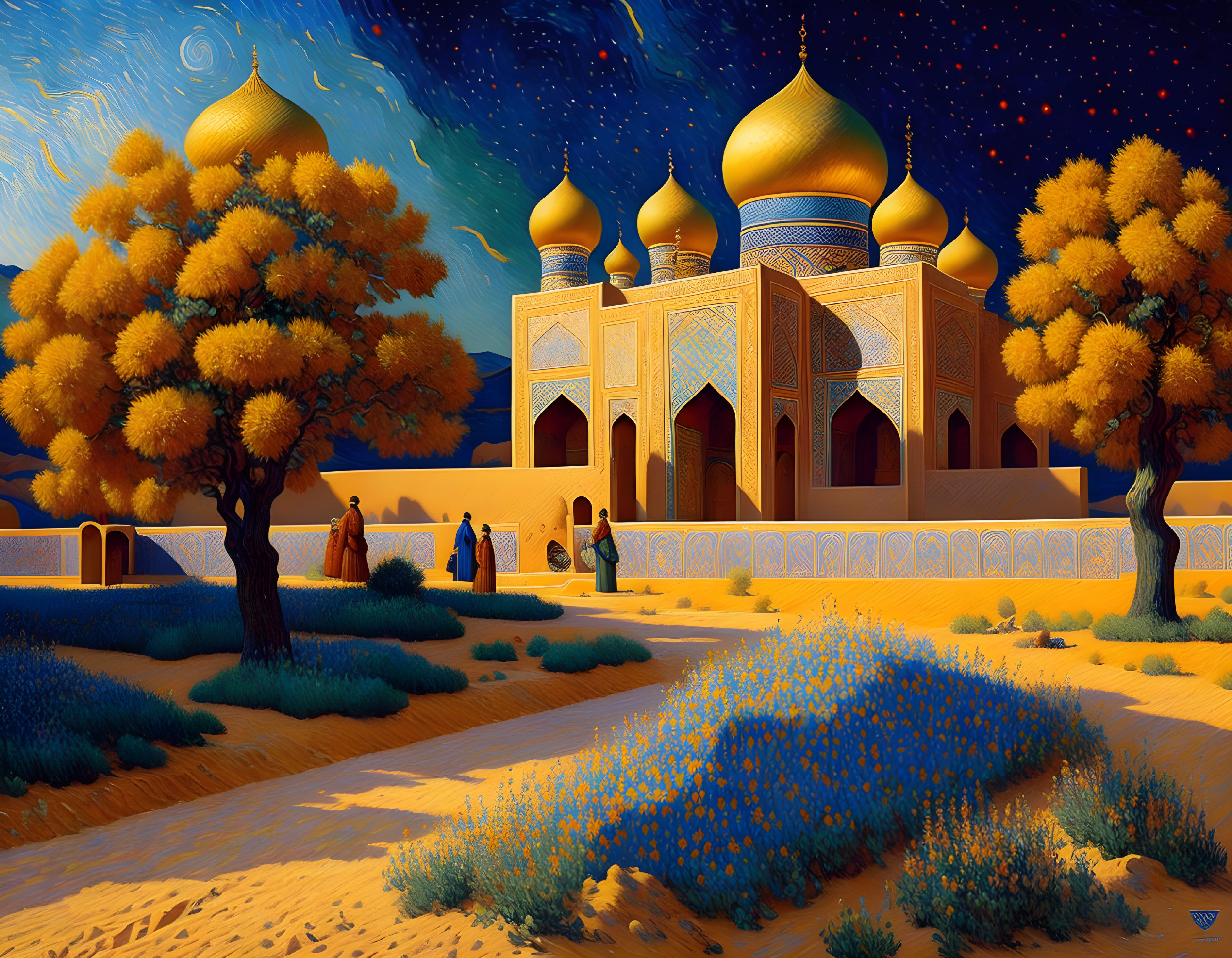 Artwork of figures near golden-domed palace in serene setting