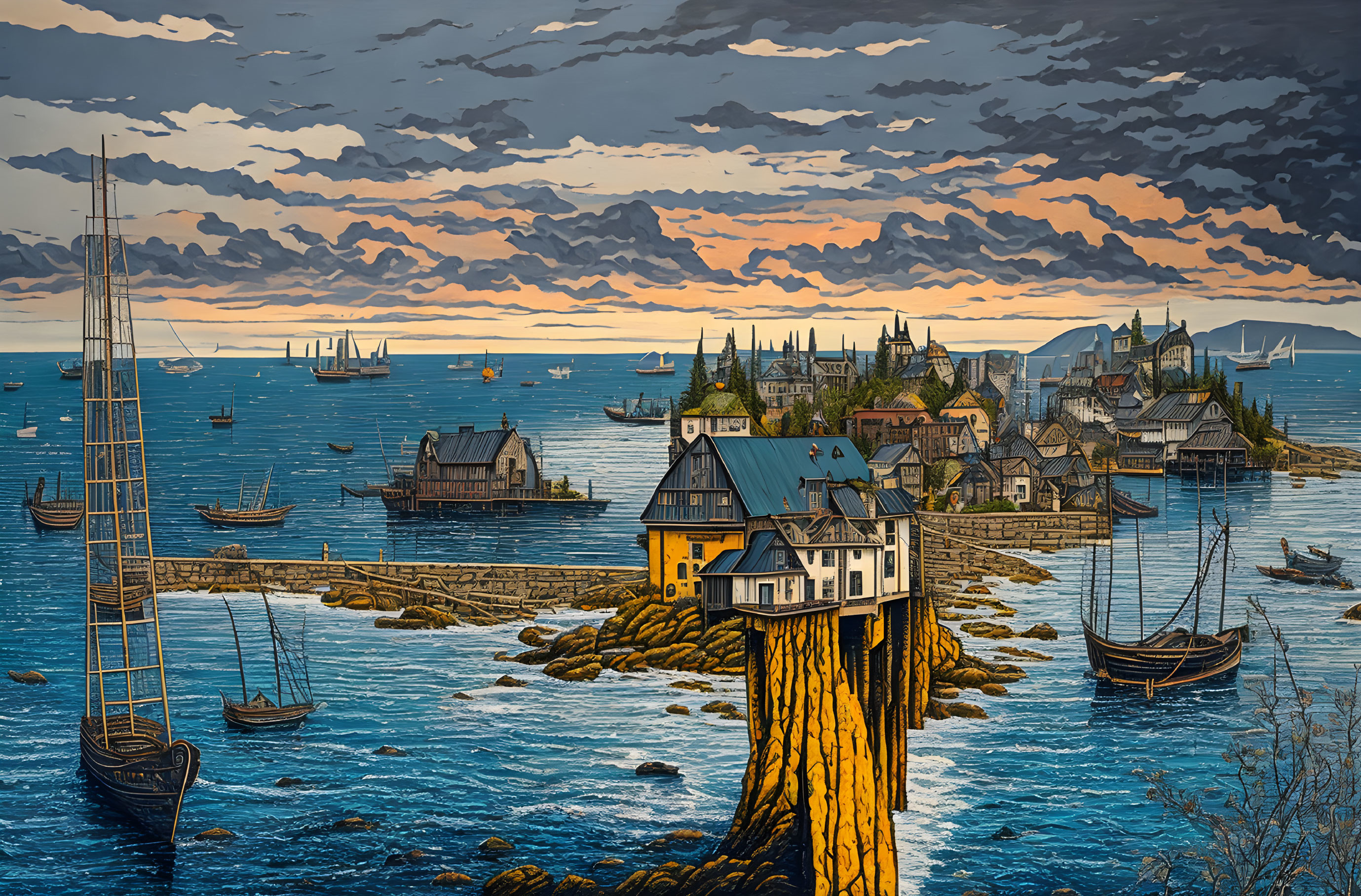 Coastal Village with Boats and Ships at Sunset