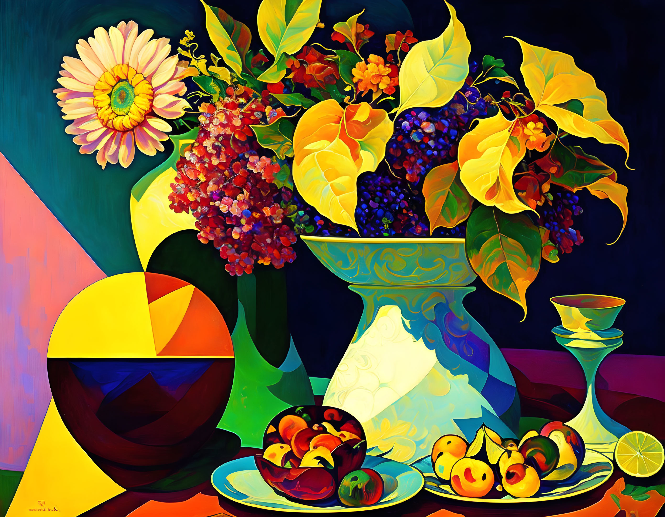 Vibrant still life painting with flowers, fruit, wine, and geometric shapes