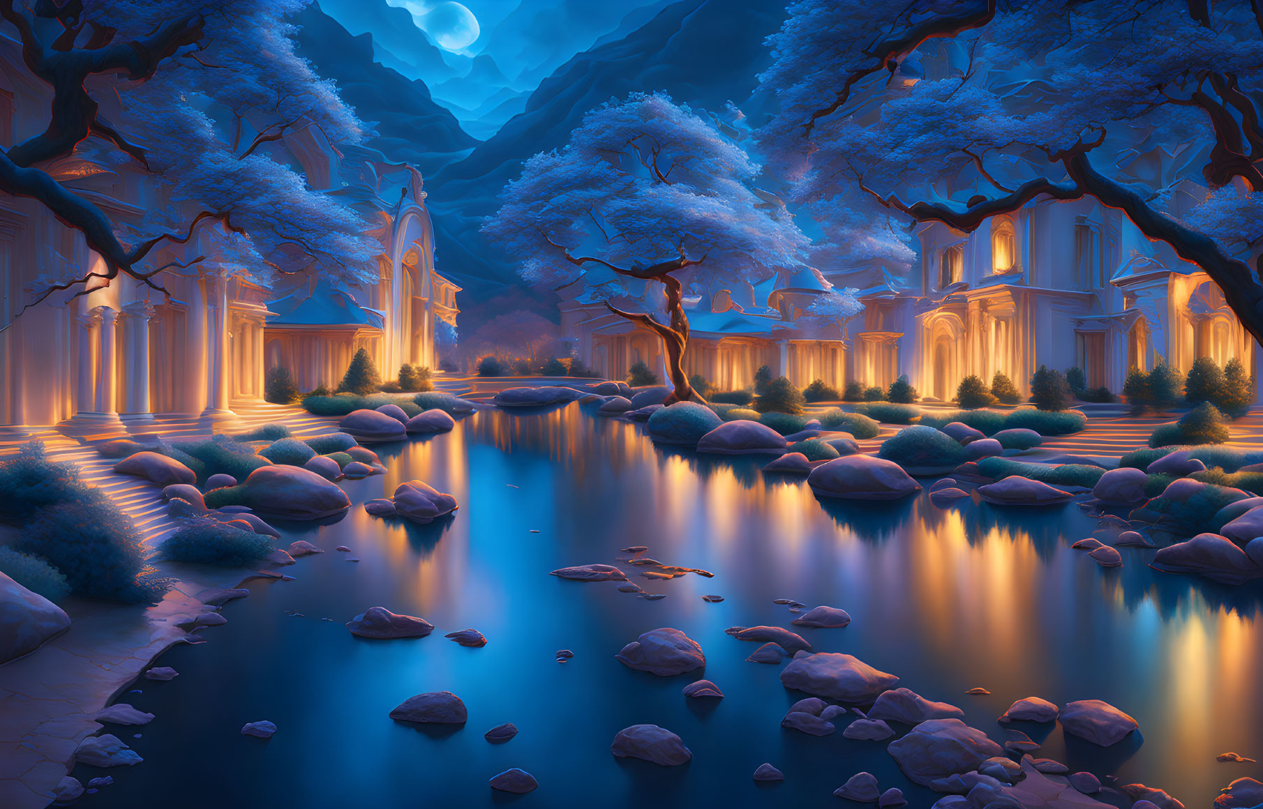 Ethereal fantasy landscape at twilight with ancient trees, water streams, and majestic architecture