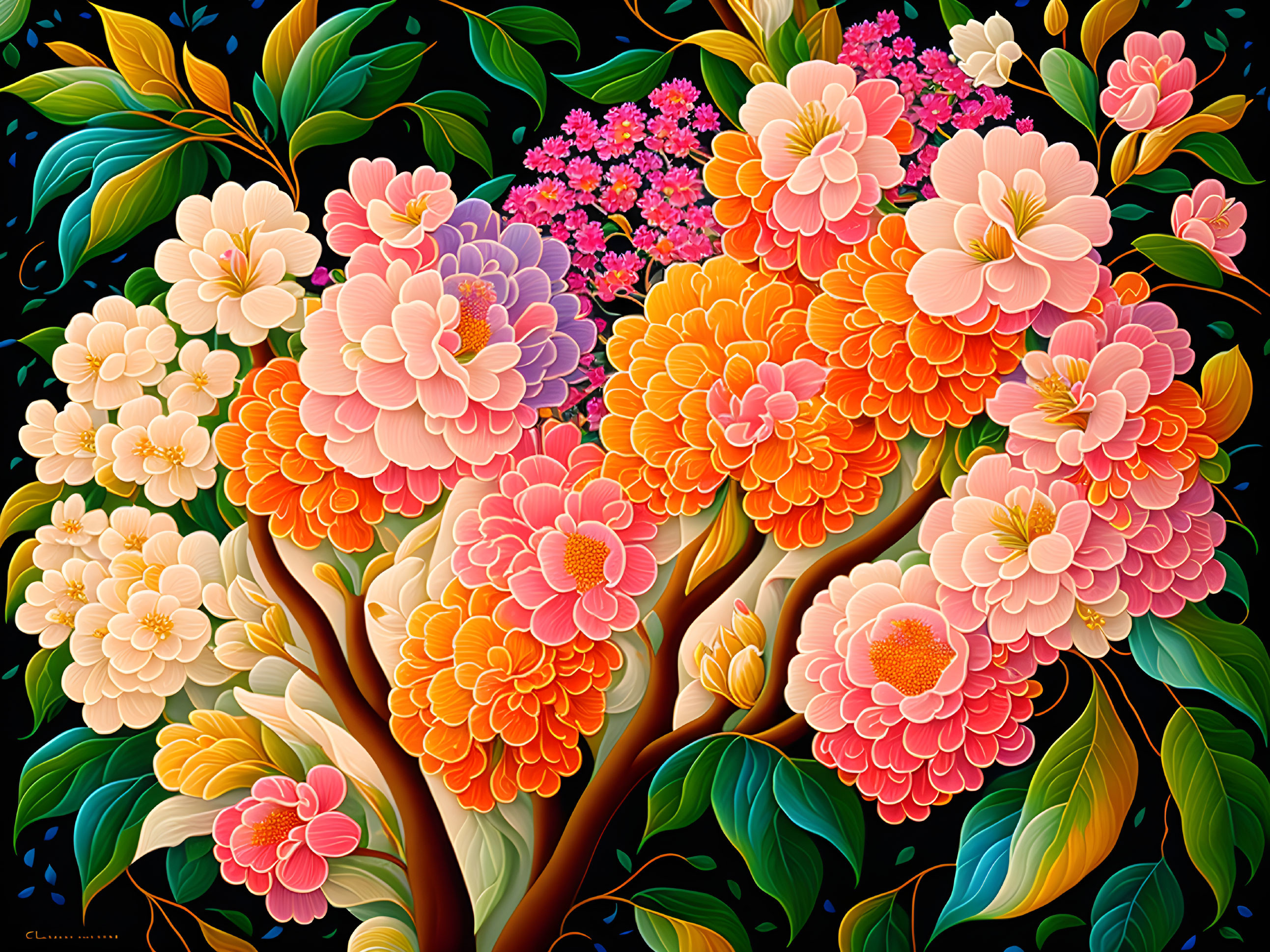 Colorful Stylized Flowers in Orange and Pink with Lush Green Leaves